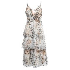 Notte By Marchesa White Applique Detailed Mesh V-Neck Tiered Strappy Midi Dress