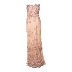 Notte Peach Floral Embroidered Sequin Embellished Detail Strapless Evening Gown