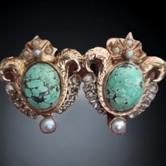 "Noucentisme Period" Turquoise, Seed Pearls, Rose cut Diamond Earrings. Spain