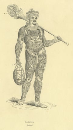 Noukahiwa, Oceania, stampa d'epoca di Wahlen raffigurante un costume tradizionale, 1843-1844