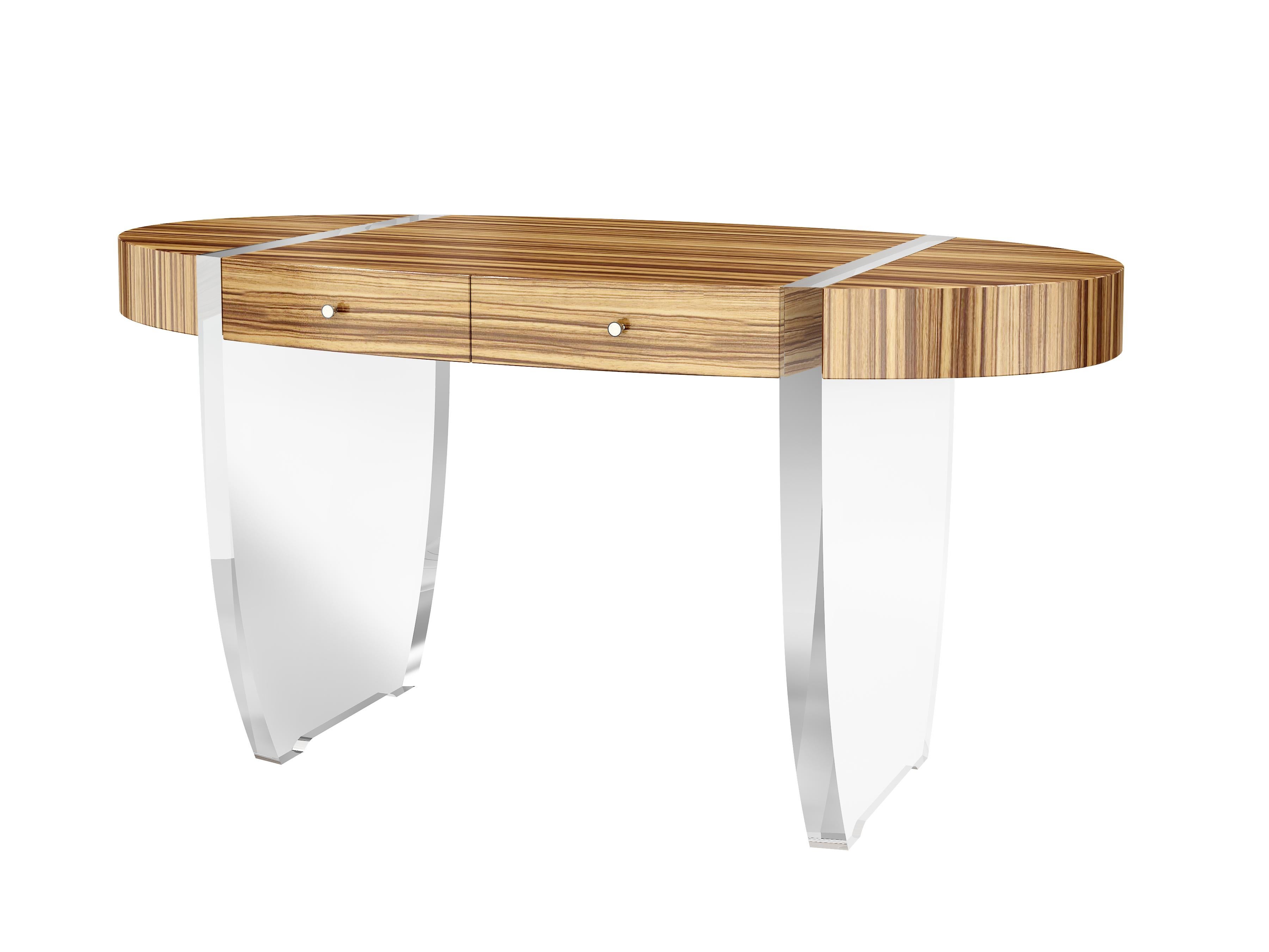 Modern oval desk - an elegant modern classic designed by Jonathan Franc - the oval top over a conforming frieze with two drawers, each opening to wenge veneer fitted drawer box interior with cream colored ultra-suede lined pull out trays, all raised