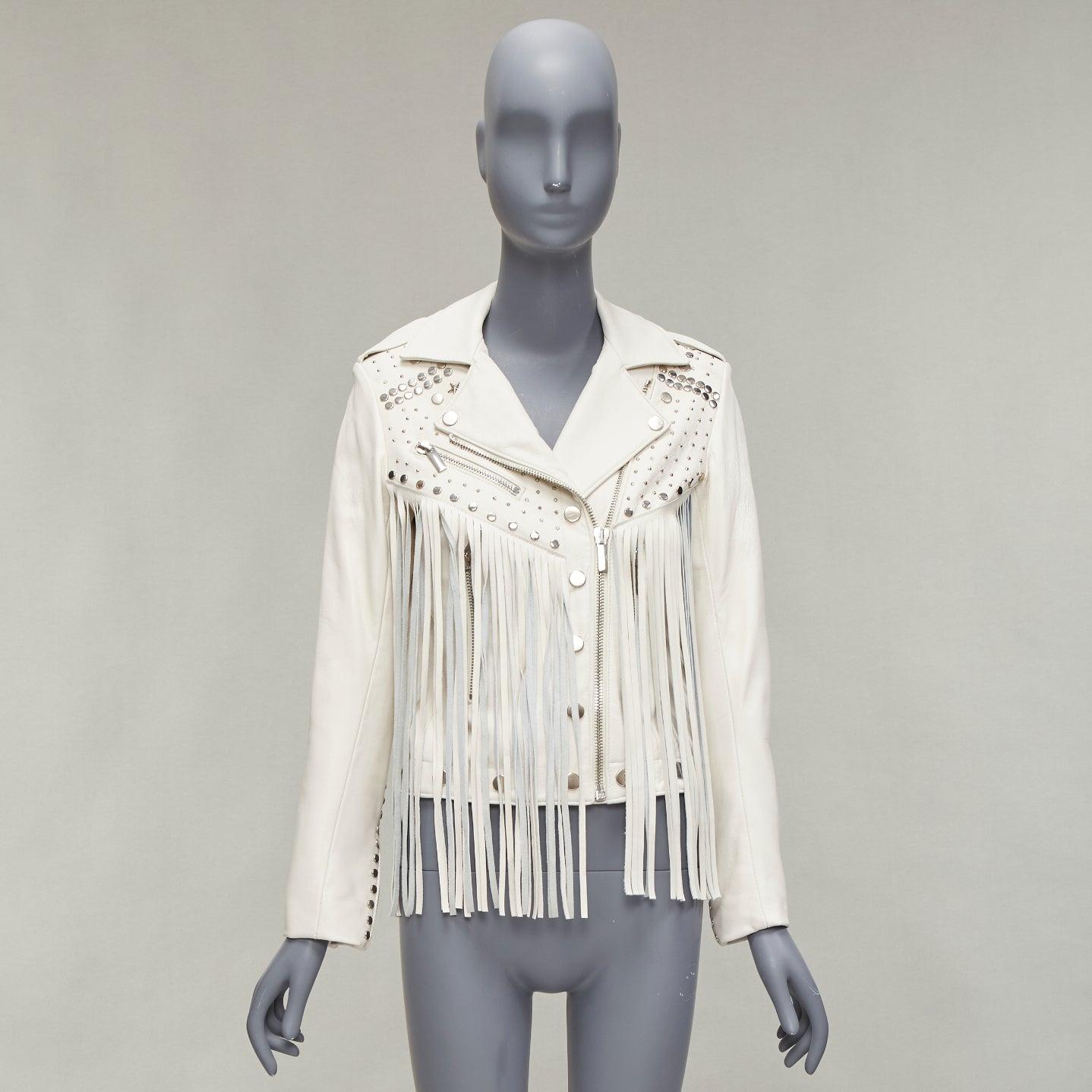 NOUS HAMMOUR veste motard western crème à franges et clous argentés FR34 XS en vente 8