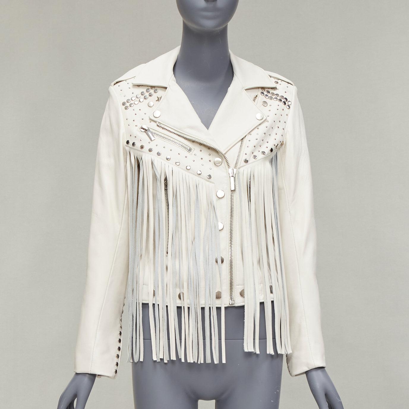 NOUR HAMMOUR cream lambskin fringe silver studs western biker jacket FR34 XS In Fair Condition For Sale In Hong Kong, NT