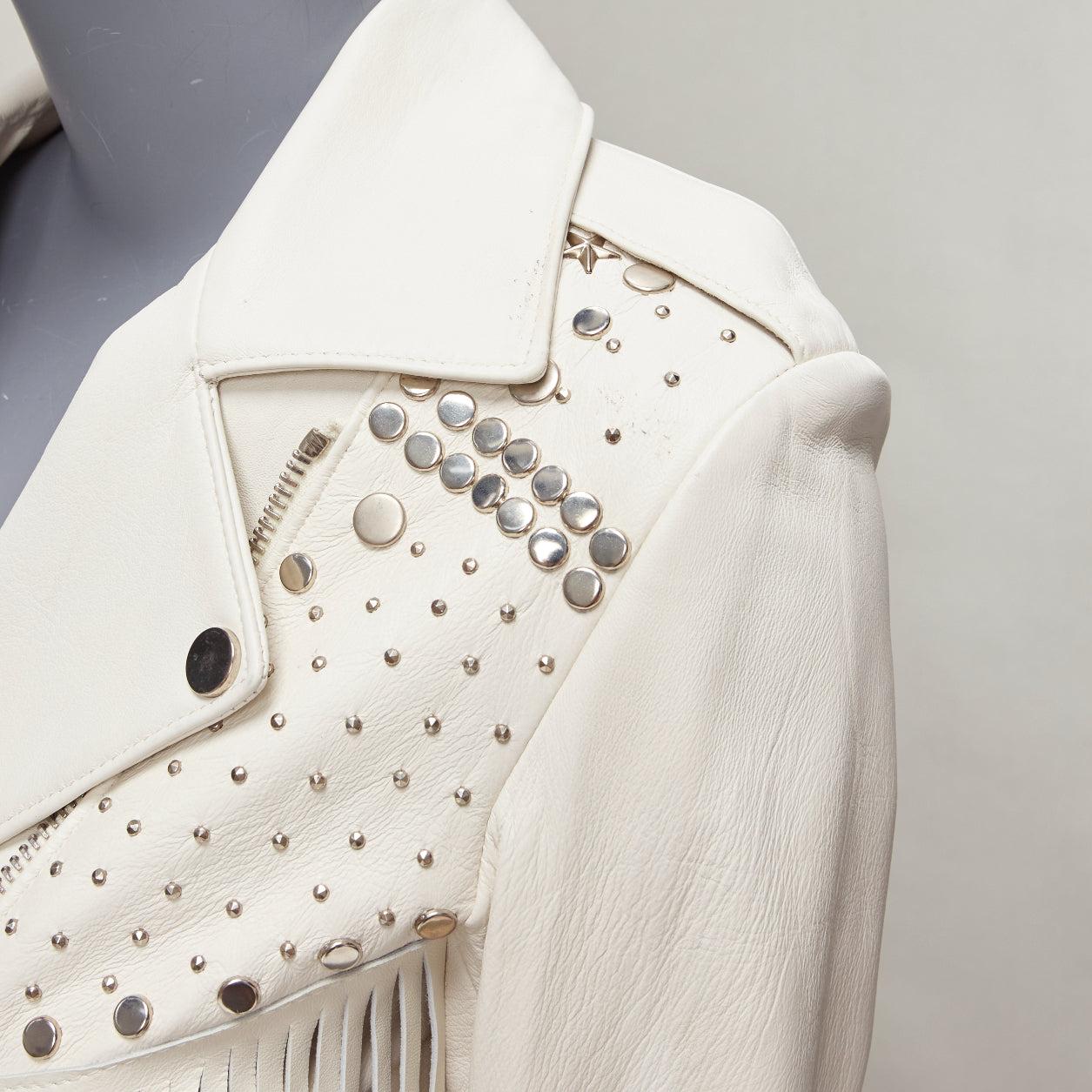 NOUS HAMMOUR veste motard western crème à franges et clous argentés FR34 XS en vente 3