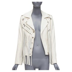 NOUR HAMMOUR cream lambskin fringe silver studs western biker jacket FR34 XS
