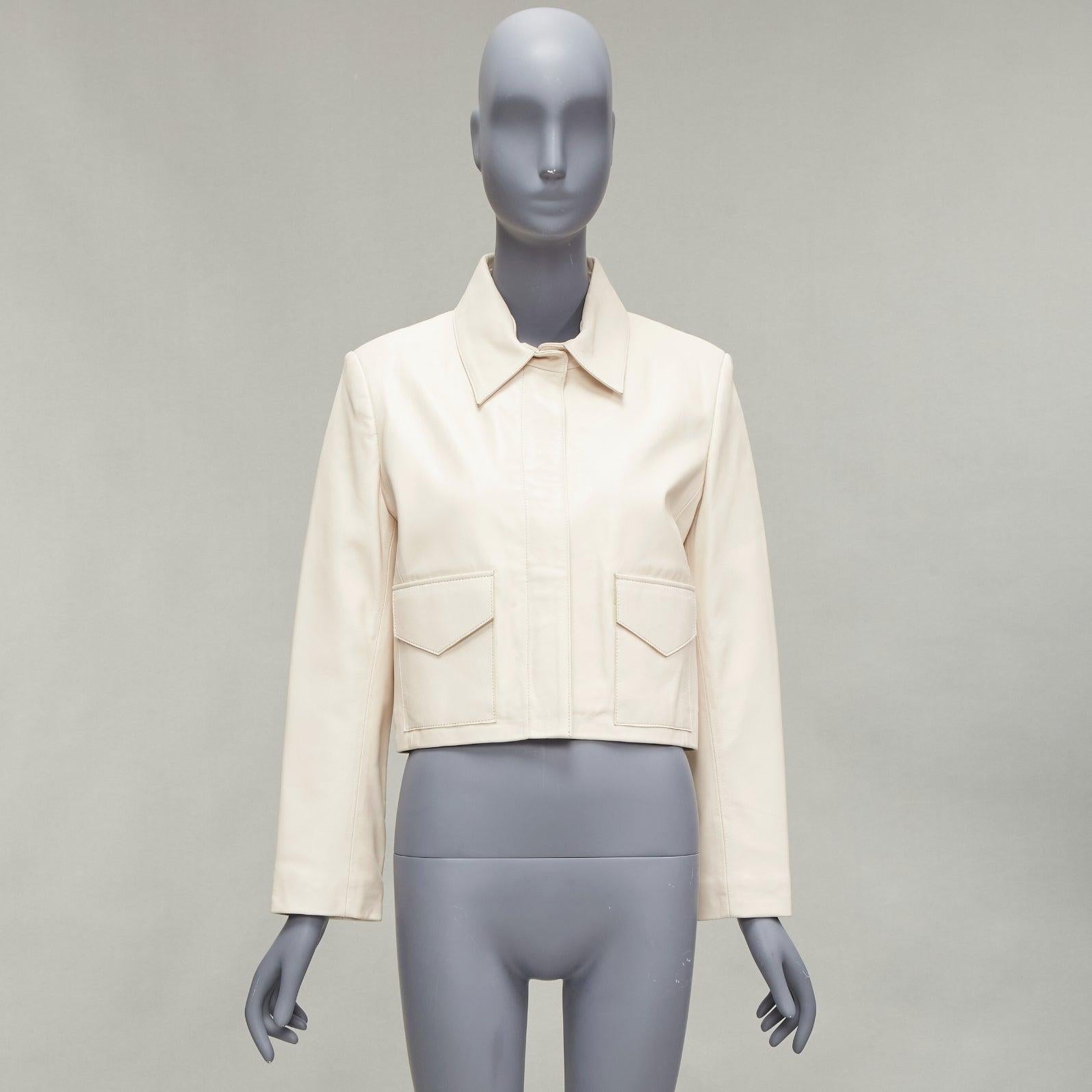 NOUR HAMMOUR cream lambskin minimal dual pocket cropped zip jacket IT36 XXS For Sale 6
