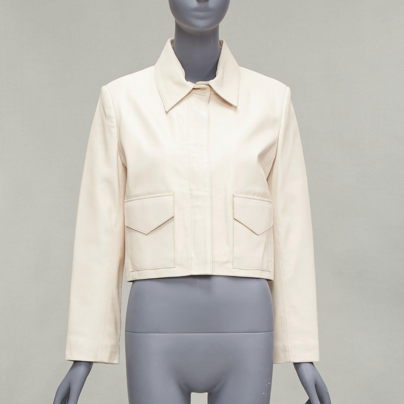 NOUR HAMMOUR cream lambskin minimal dual pocket cropped zip jacket IT36 XXS In New Condition For Sale In Hong Kong, NT