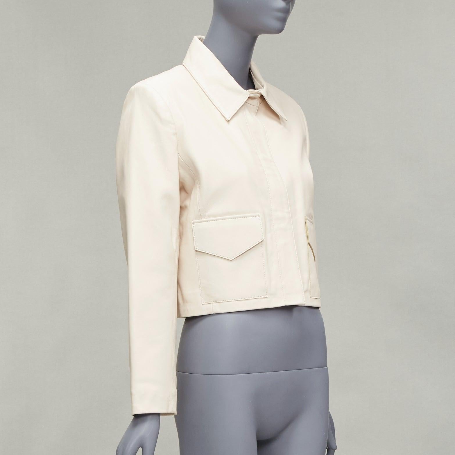 Women's NOUR HAMMOUR cream lambskin minimal dual pocket cropped zip jacket IT36 XXS For Sale