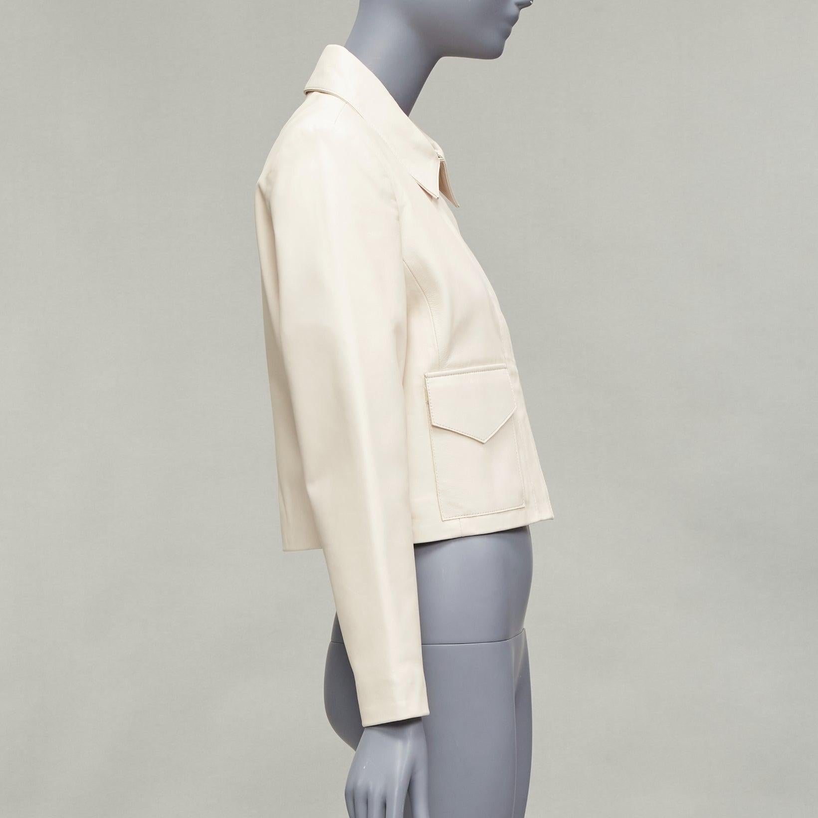NOUR HAMMOUR cream lambskin minimal dual pocket cropped zip jacket IT36 XXS For Sale 1