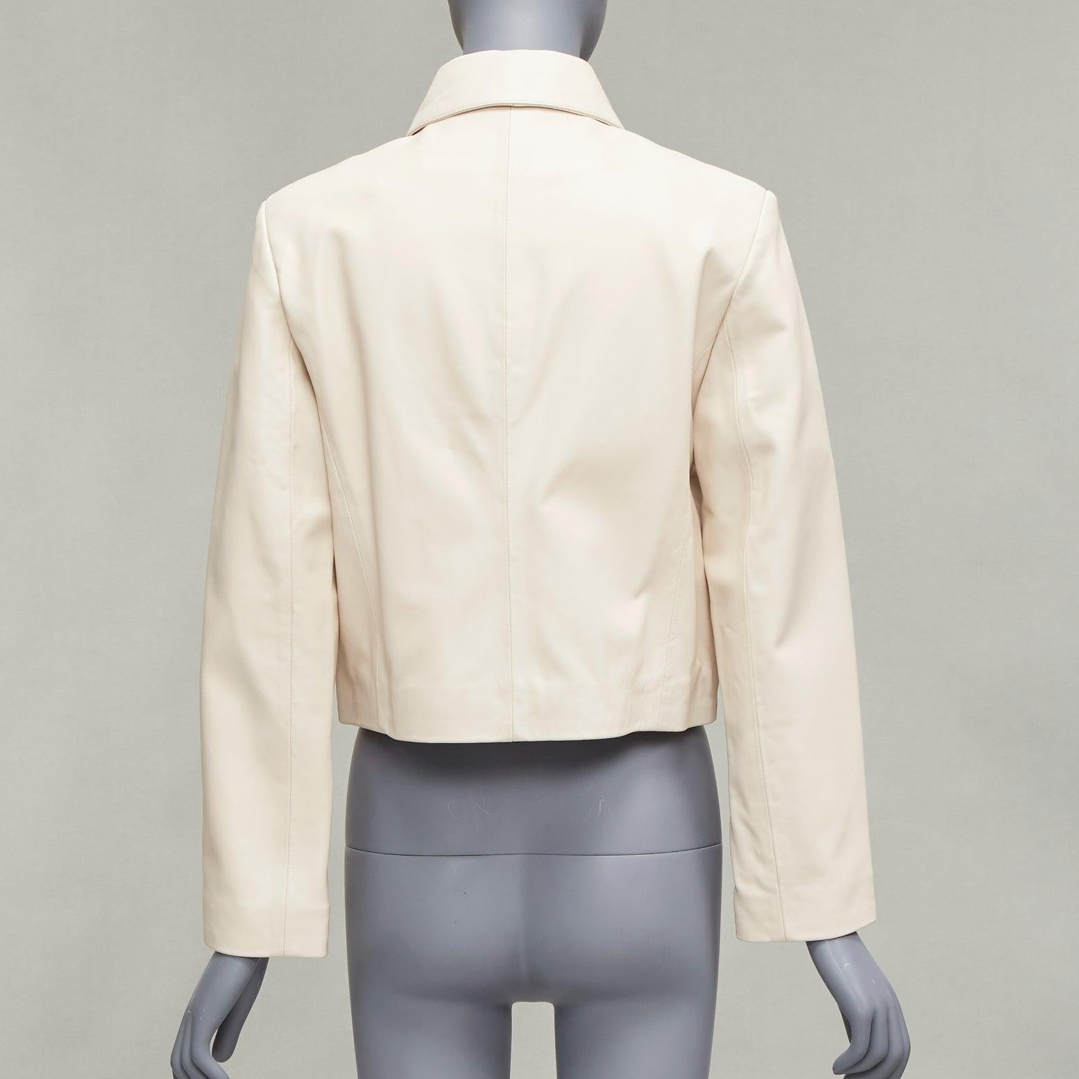 NOUR HAMMOUR cream lambskin minimal dual pocket cropped zip jacket IT36 XXS For Sale 2