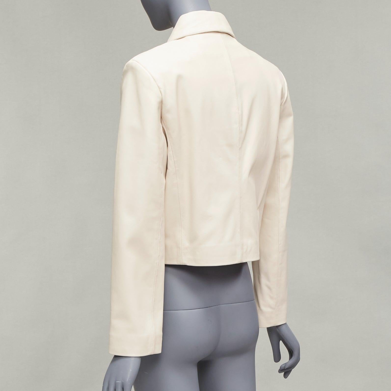 NOUR HAMMOUR cream lambskin minimal dual pocket cropped zip jacket IT36 XXS For Sale 3