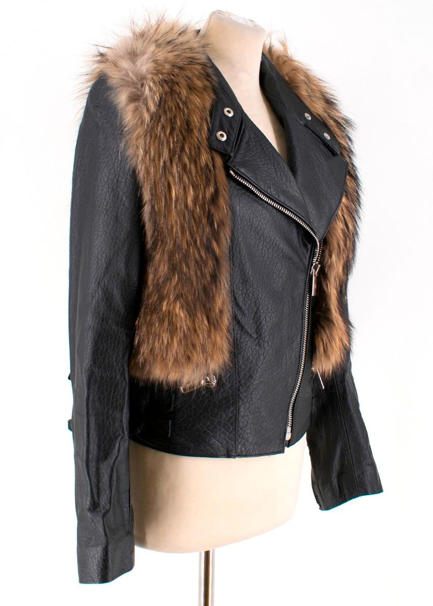 Black Nour Hammour Flashing Lights Fur-Trimmed Leather Jacket SIZE FR38/ US6