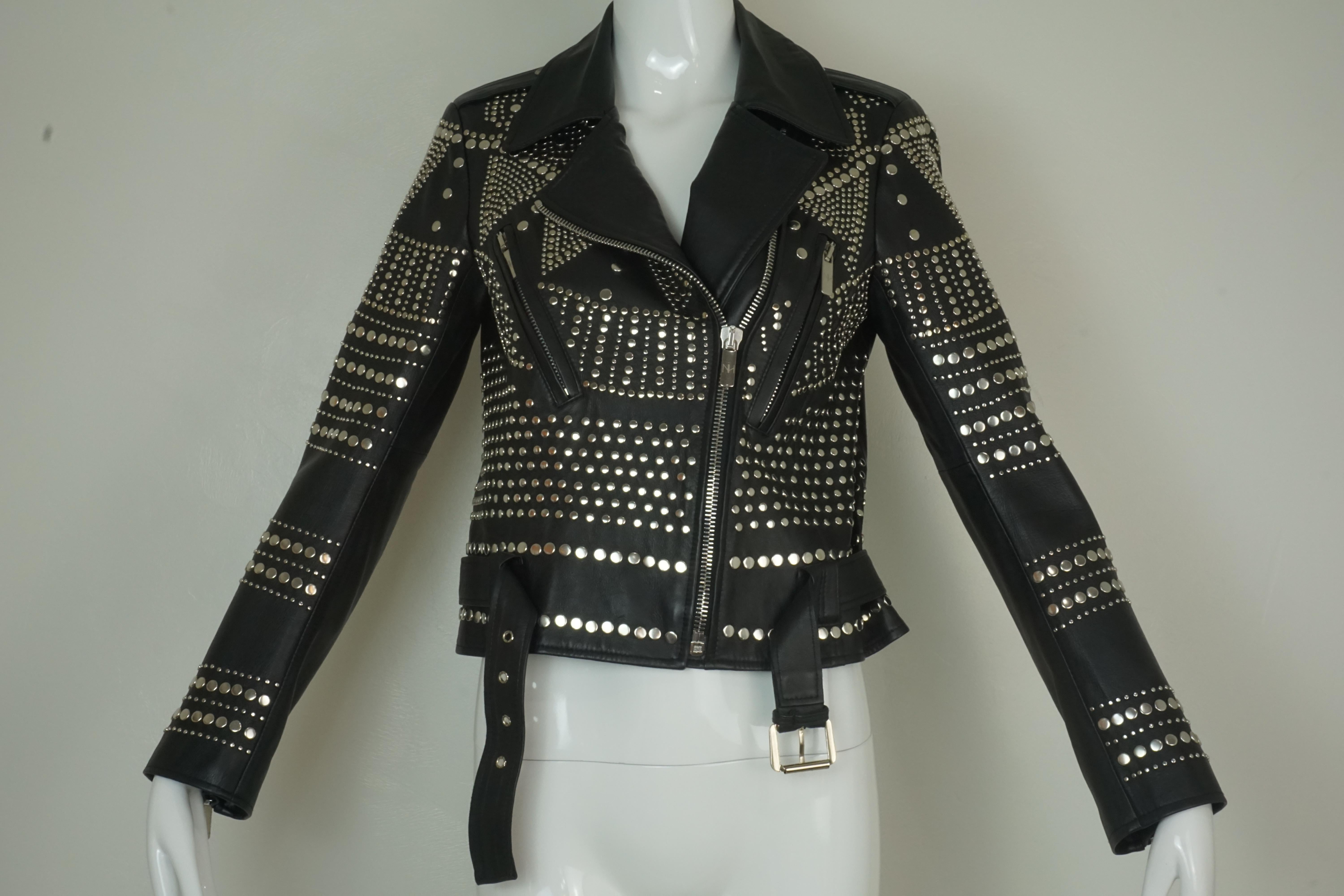 Nour Hammour Paris Studded Black Leather Motorcycle Jacket In Excellent Condition In Carmel, CA