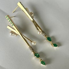 Nourishment Earrings in 18 Karat Yellow Gold with Diamonds, Emeralds, And Pearls