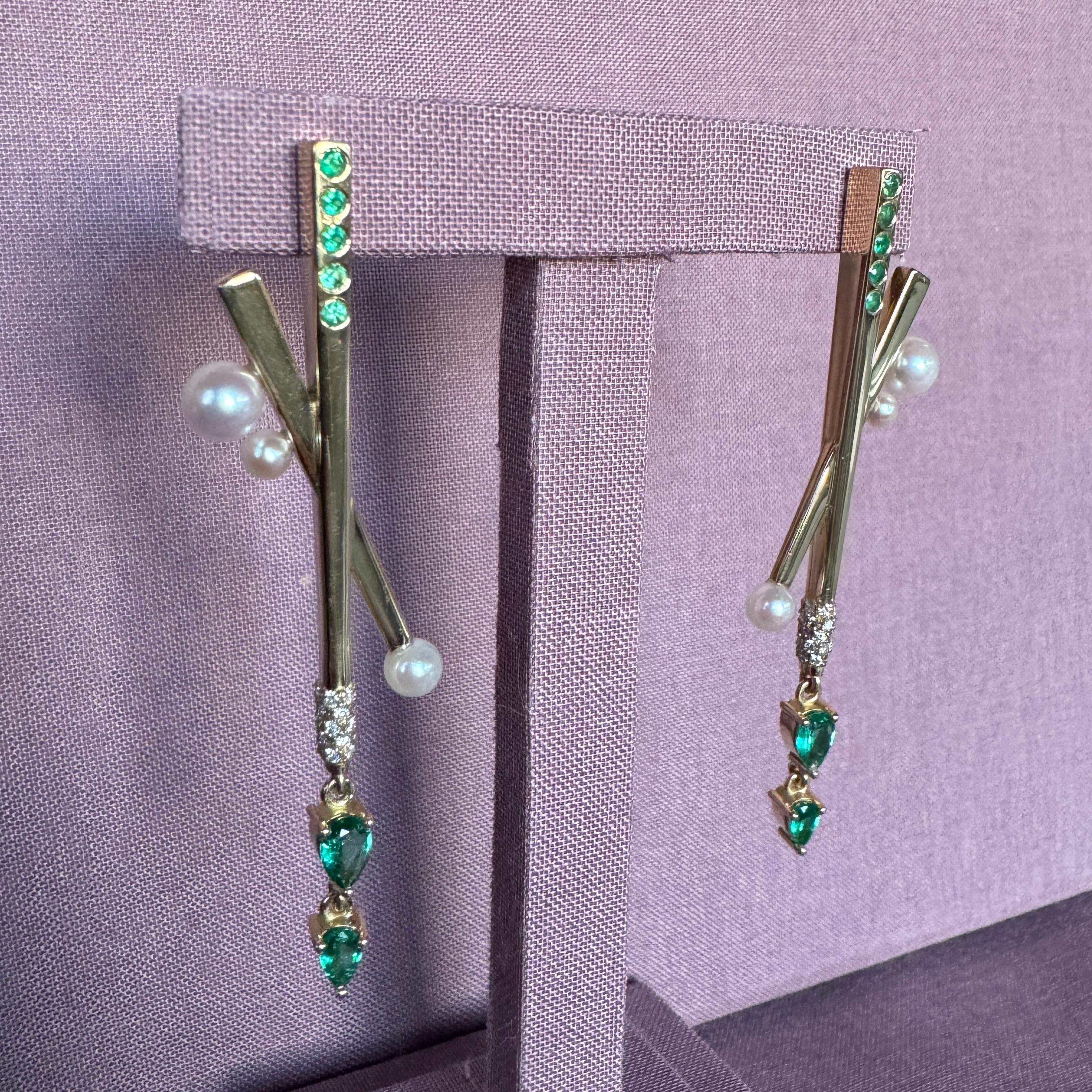 Contemporary Nourishment Earrings in 18 Karat Yellow Gold with Diamonds, Emeralds, And Pearls For Sale