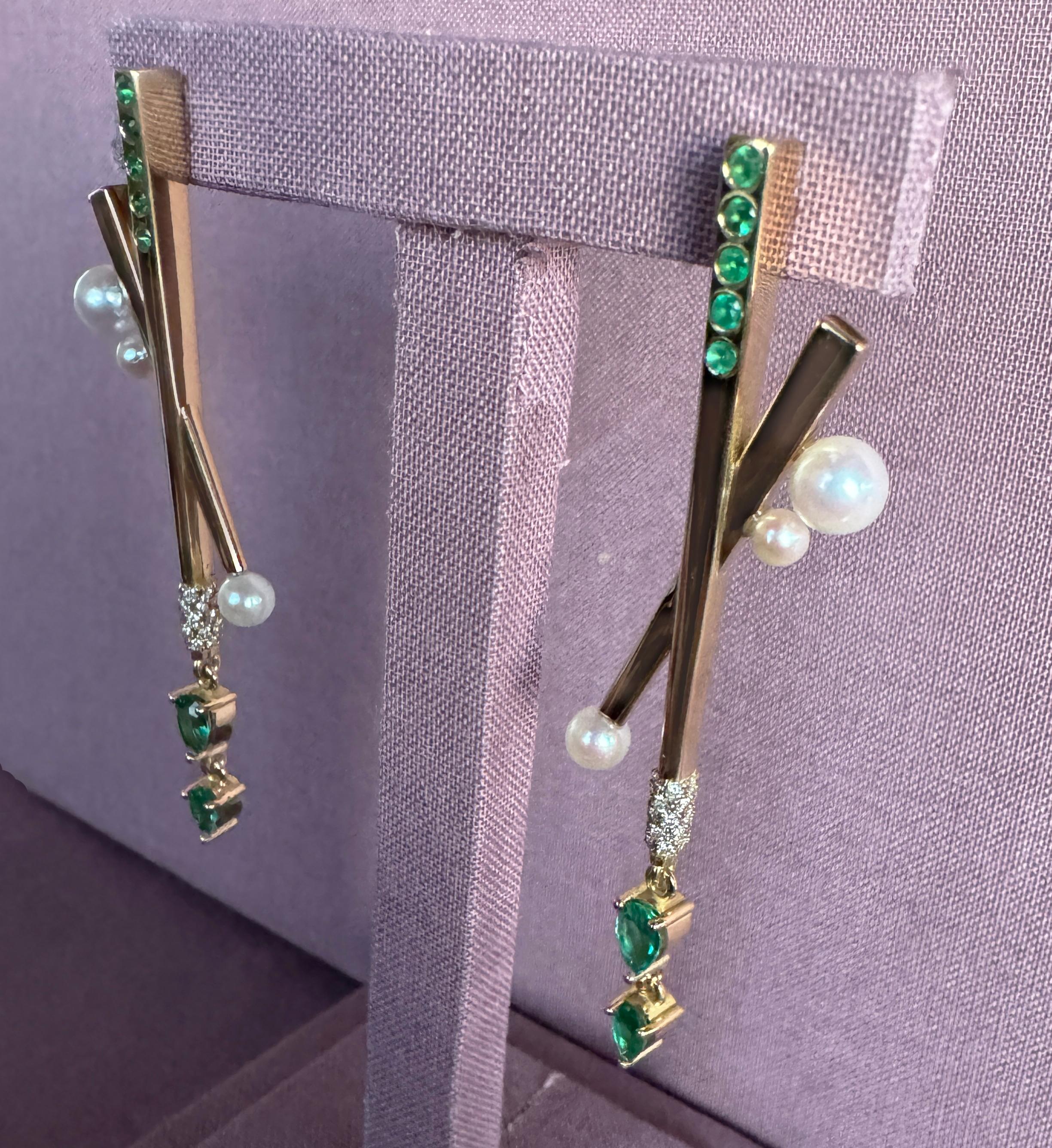 Pear Cut Nourishment Earrings in 18 Karat Yellow Gold with Diamonds, Emeralds, And Pearls For Sale