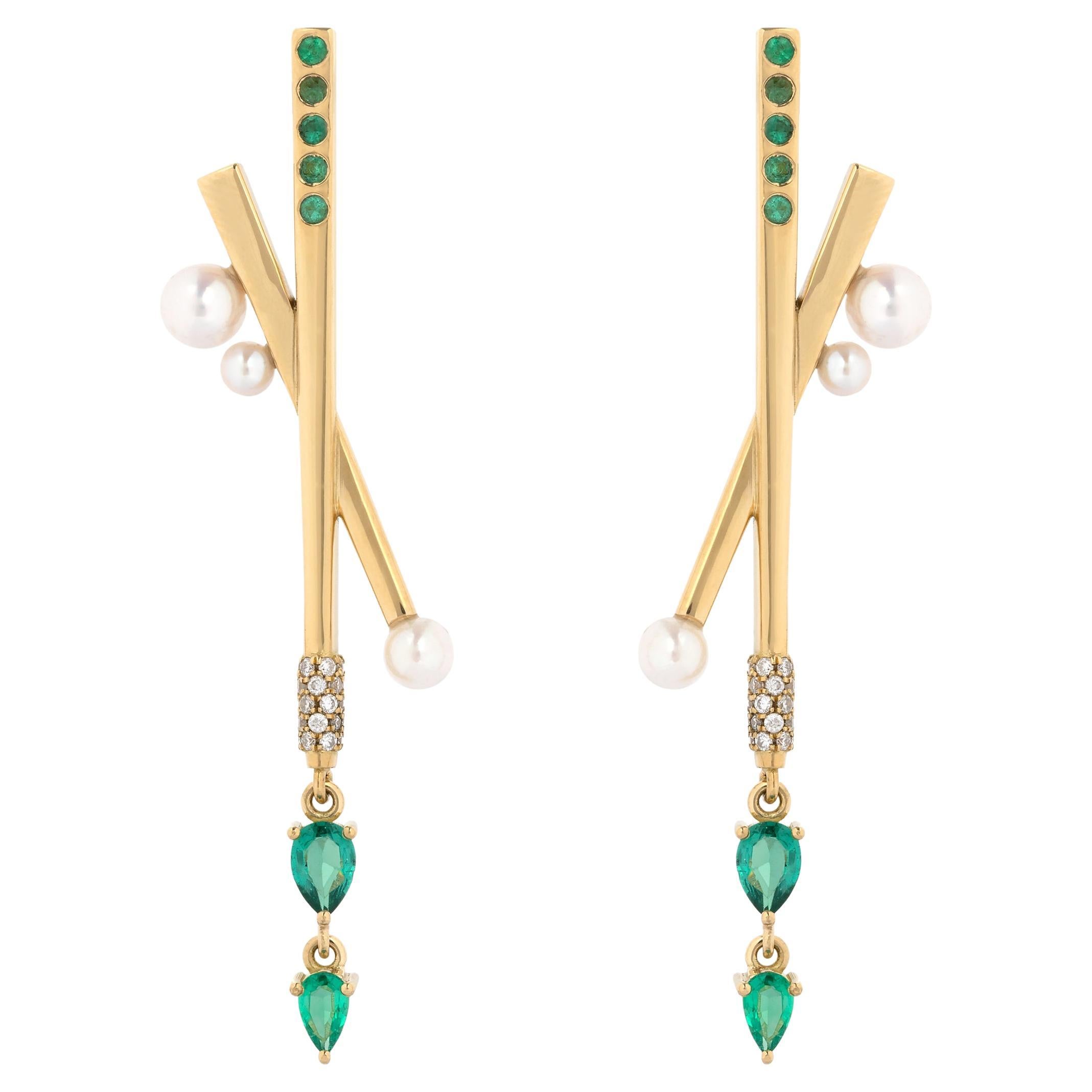 Nourishment Earrings in 18 Karat Yellow Gold with Diamonds, Emeralds, And Pearls