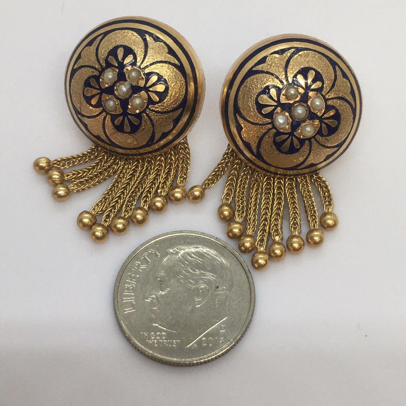 Round Cut Nouveau 1900s American Seed Pearl Tassel Drop Stud Enamel Earrings Hallmark 14K For Sale