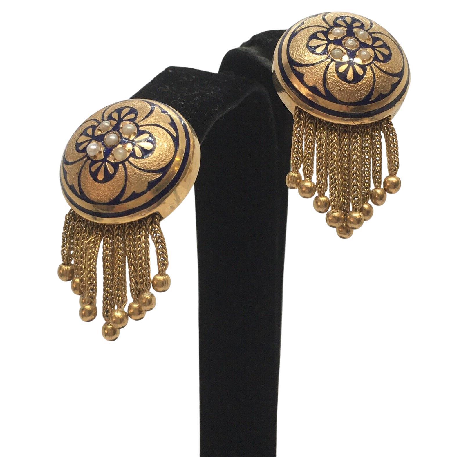 Nouveau 1900s American Seed Pearl Tassel Drop Stud Enamel Earrings Hallmark 14K