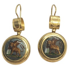 Nouveau 1900s Italienisch Saint Mark geflügelten Löwen Tropfen Emaille Ohrringe 18K Pristine