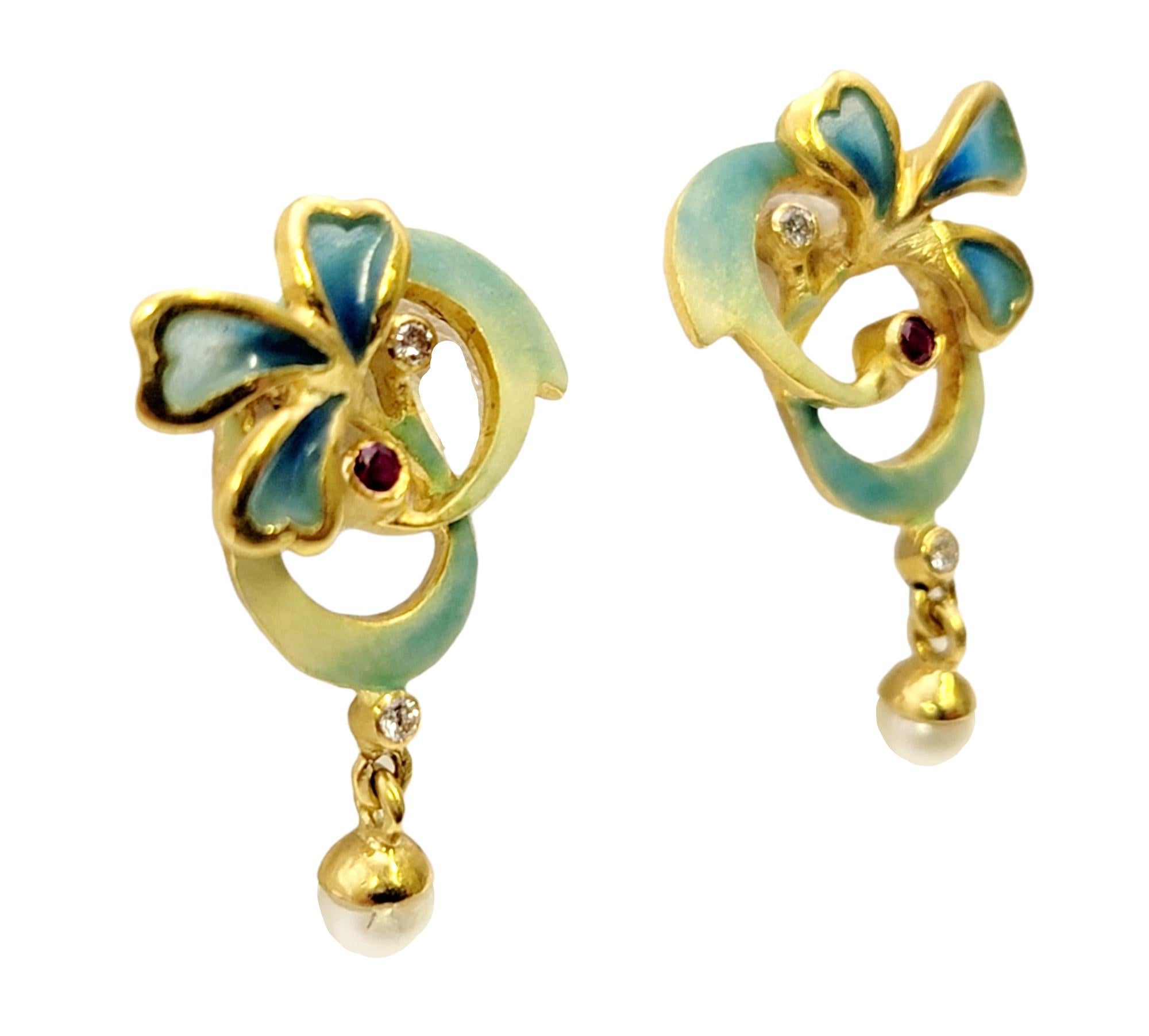 Nouveau 1910 Diamond, Ruby, Pearl and Enamel Dangle Earrings in Yellow