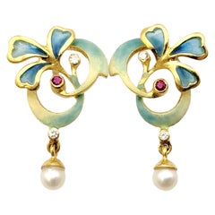 1910 jewelry Nouveau 1910 Diamond, Ruby, Pearl and Enamel Dangle Earrings in Yellow Gold