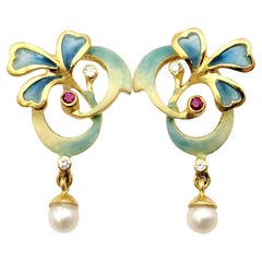 Vintage Nouveau 1910 Diamond, Ruby, Pearl and Enamel Dangle Earrings in Yellow Gold