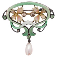 Nouveau 1910 Enamel Brooch Necklace Sterling Silver and 18 Karat Gold/Brooch