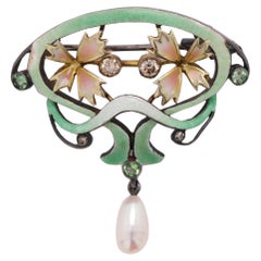 Nouveau Art Enamel Brooch Pin Necklace Silver and 18 Karat Gold Vintage Brooch