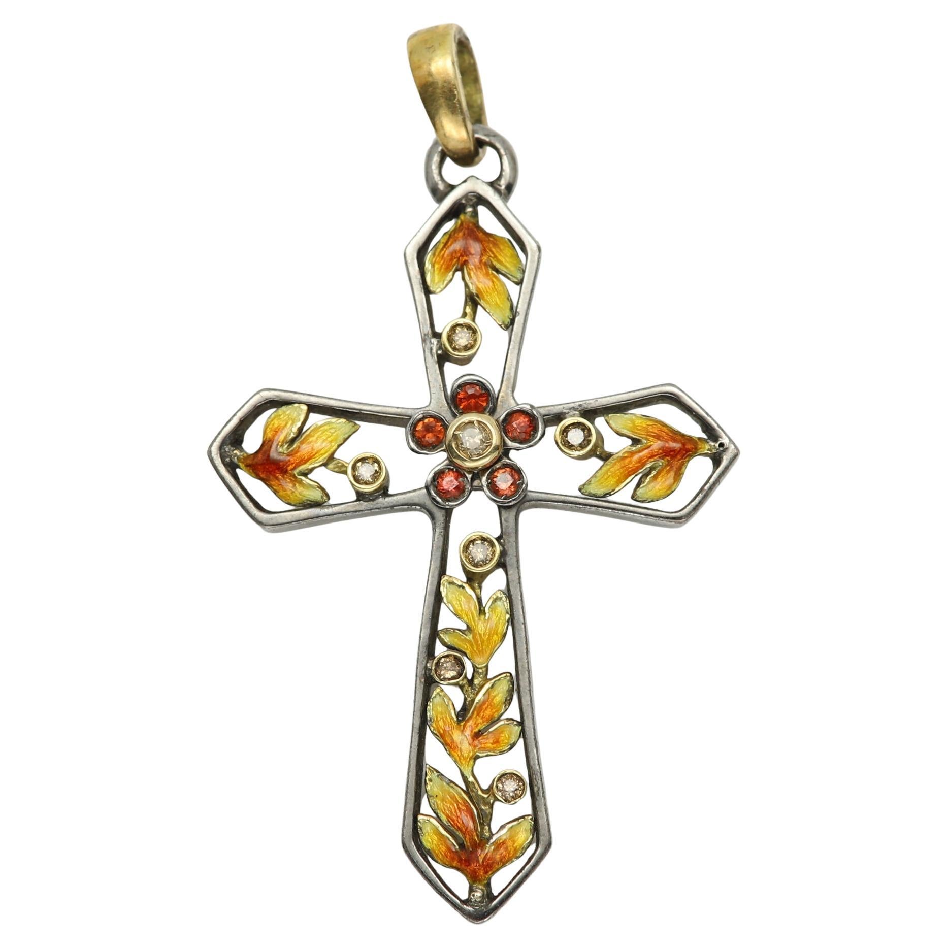 Nouveau Art Enamel Cross 18 Karat Yellow Gold Silver Diamonds & Sapphire