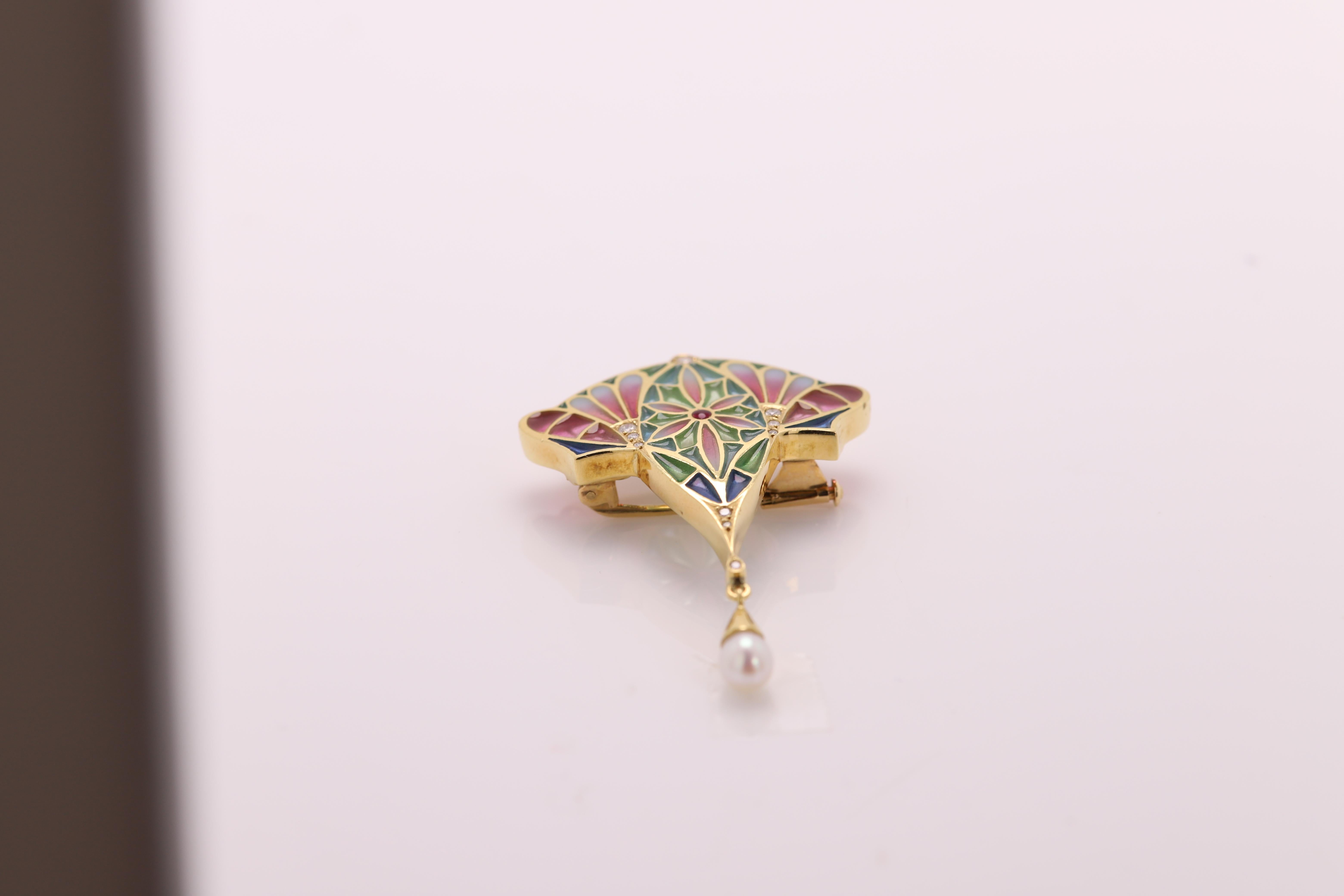 Nouveau 1910 Enamel and Diamond Necklace / Brooch 18 Karat Gold Flower Style 4
