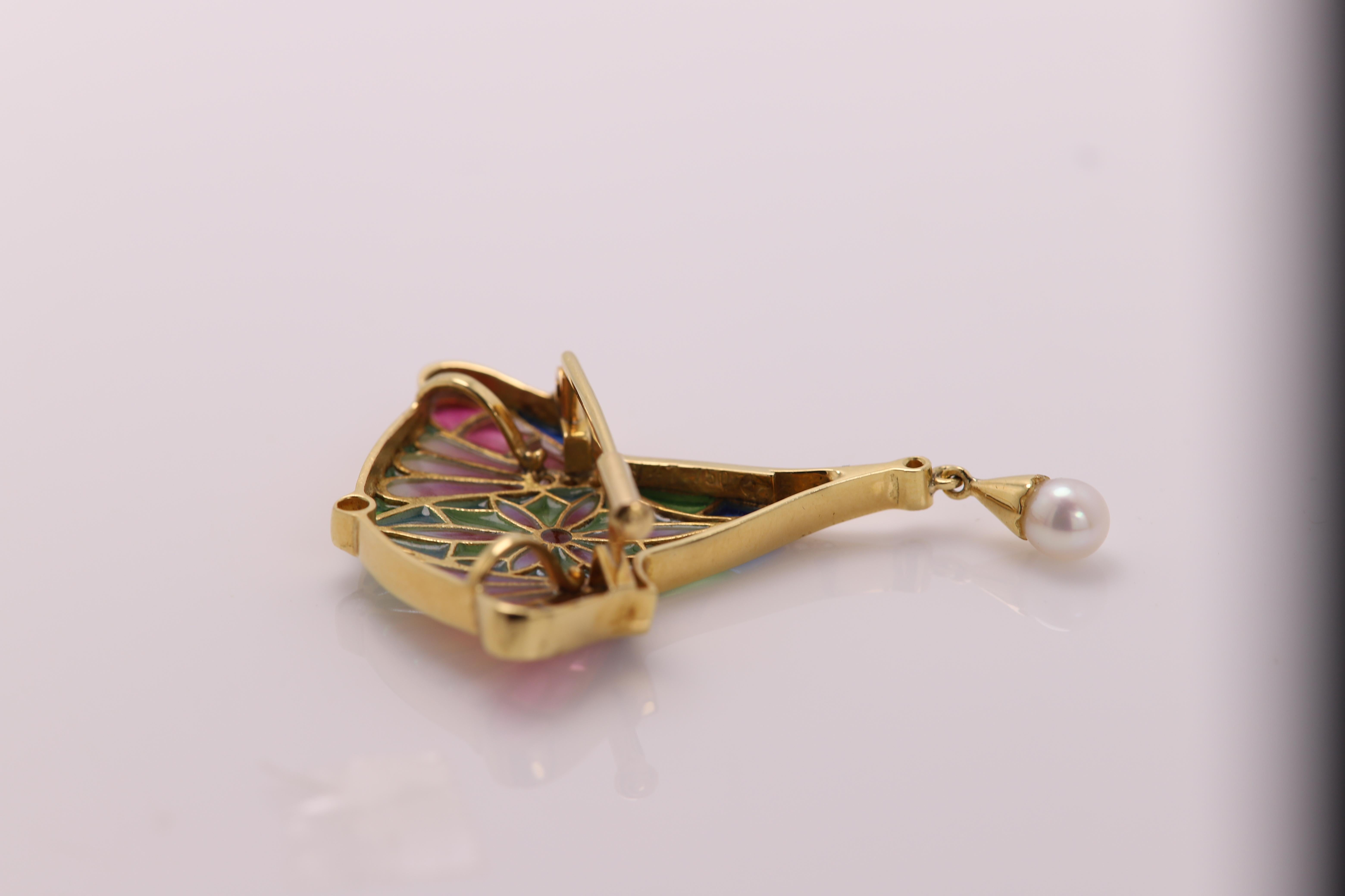 Nouveau 1910 Enamel and Diamond Necklace / Brooch 18 Karat Gold Flower Style 5