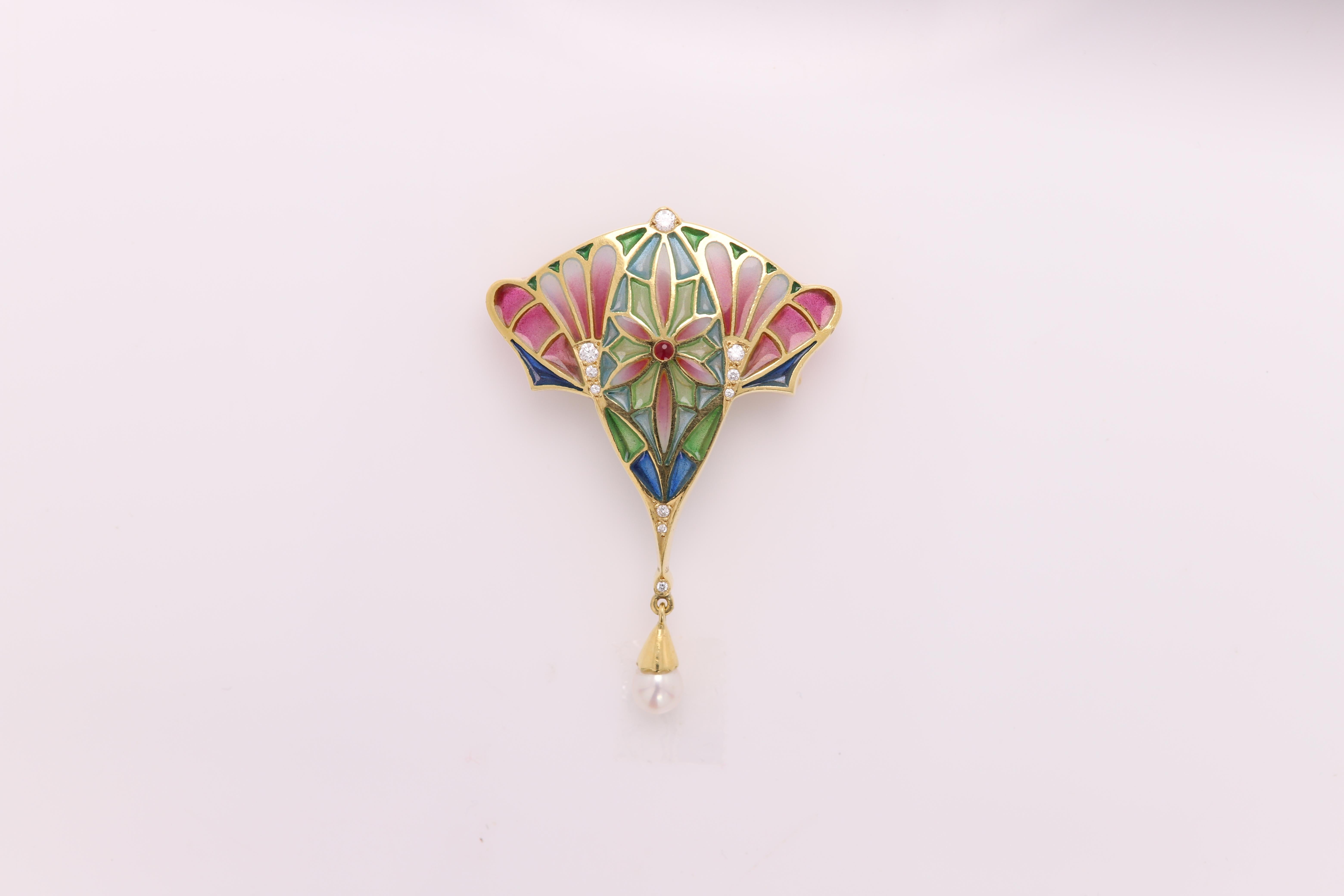 Nouveau 1910 Emaille- und Diamant-Halskette / Brosche im Blumenstil aus 18 Karat Gold 2