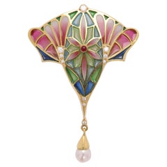 Collana / Spilla in oro 18 carati stile fiore in stile Nouveau 1910 con smalto e diamanti