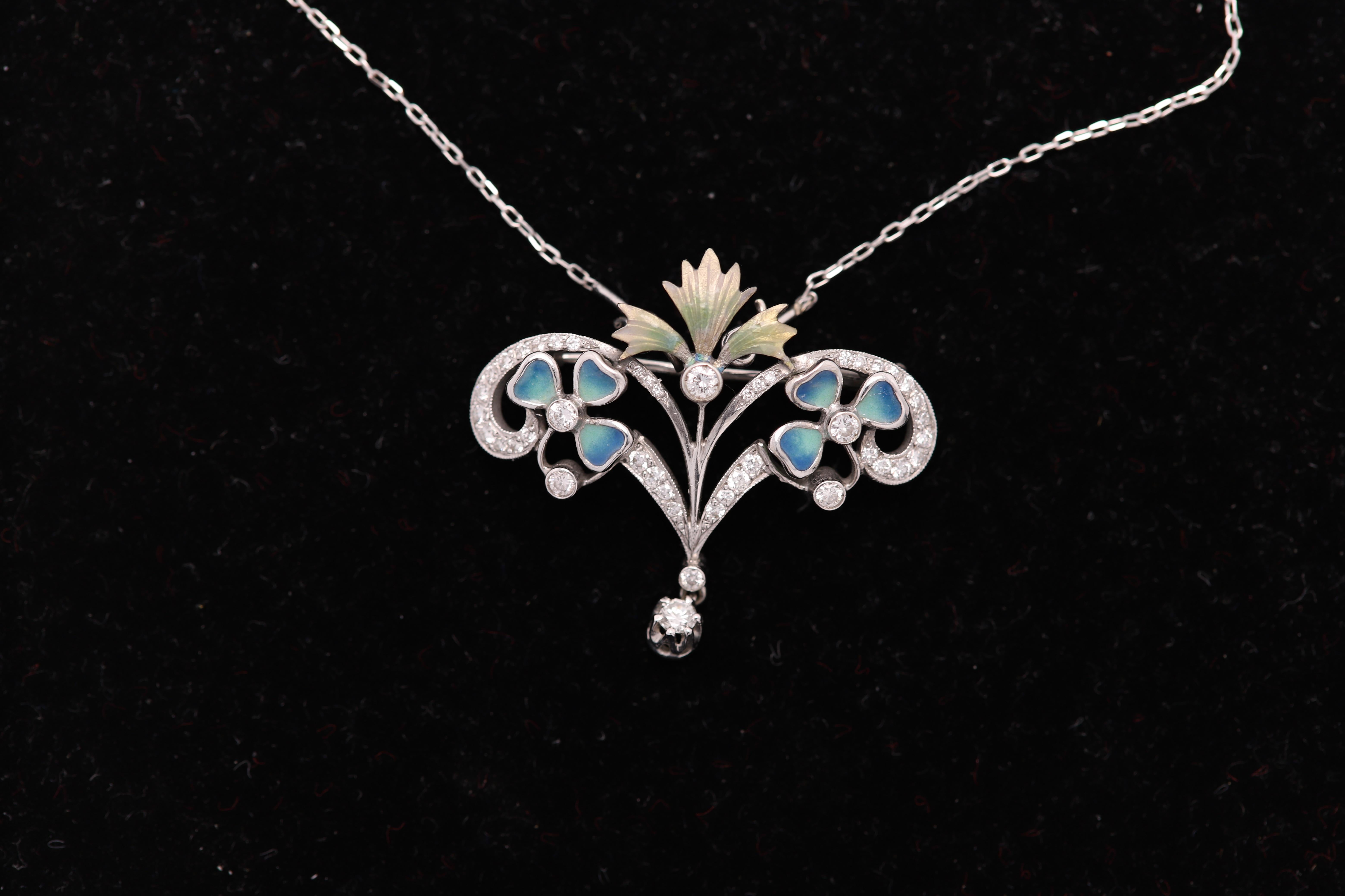 Art Nouveau Enamel and Diamond Necklace Brooch 18 Karat Gold Flower Style  For Sale 4