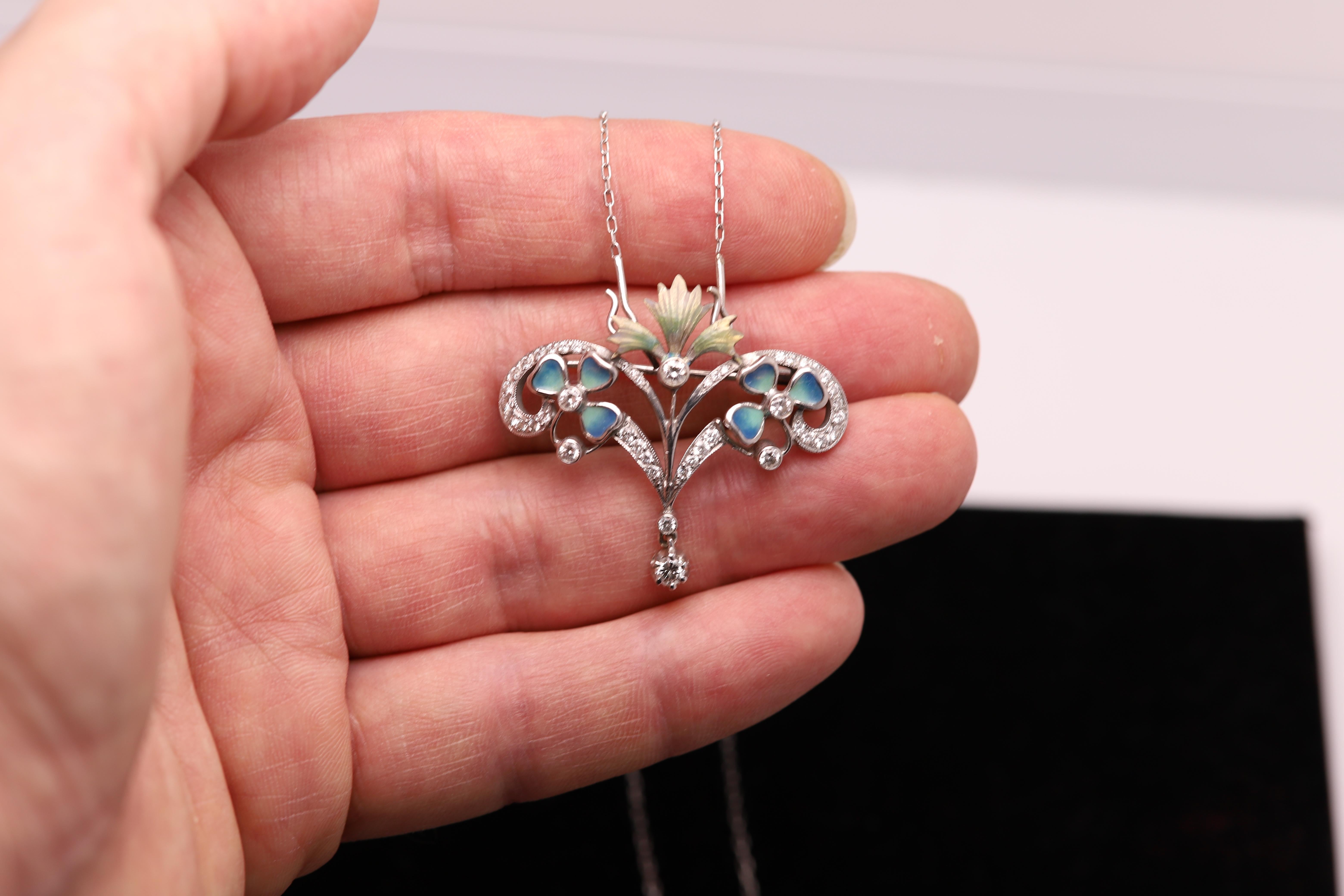 Vintage Hand made in Spain
Art Enamel - Diamond Necklace and brooch
18K White Gold 
approx size 1.50' inch wide and 1.25' inch high
Diamonds total 1.00 carat  nice white sparkling (seems around the GH-VS)
Total Weight 10.3 grams
Style is based from
