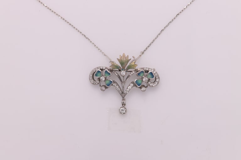 Art Nouveau Enamel and Diamond Necklace Brooch 18 Karat Gold Flower ...