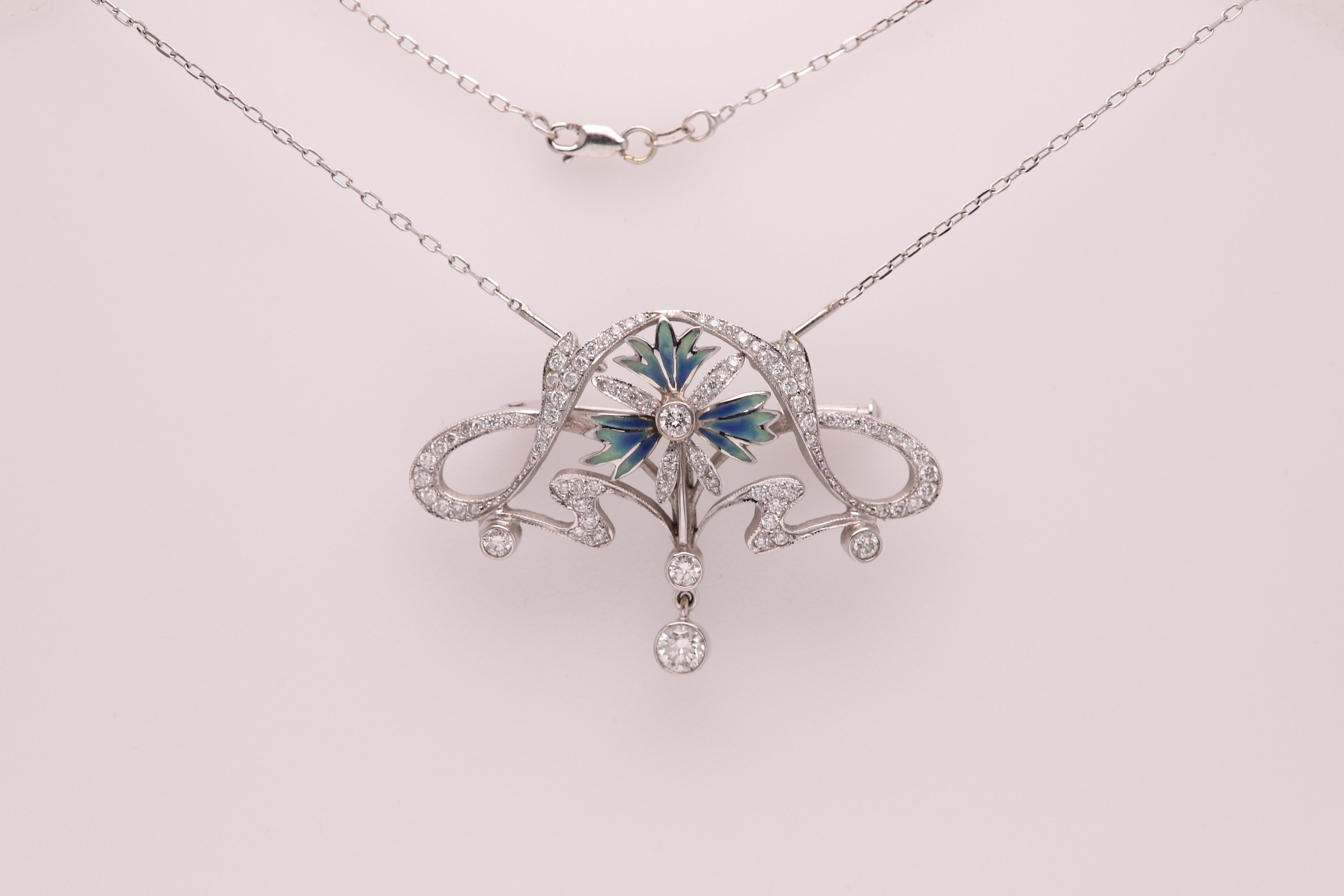 Art Nouveau Nouveau Enamel and Diamond Pendant Brooch 18 Karat Gold Flower Style For Sale