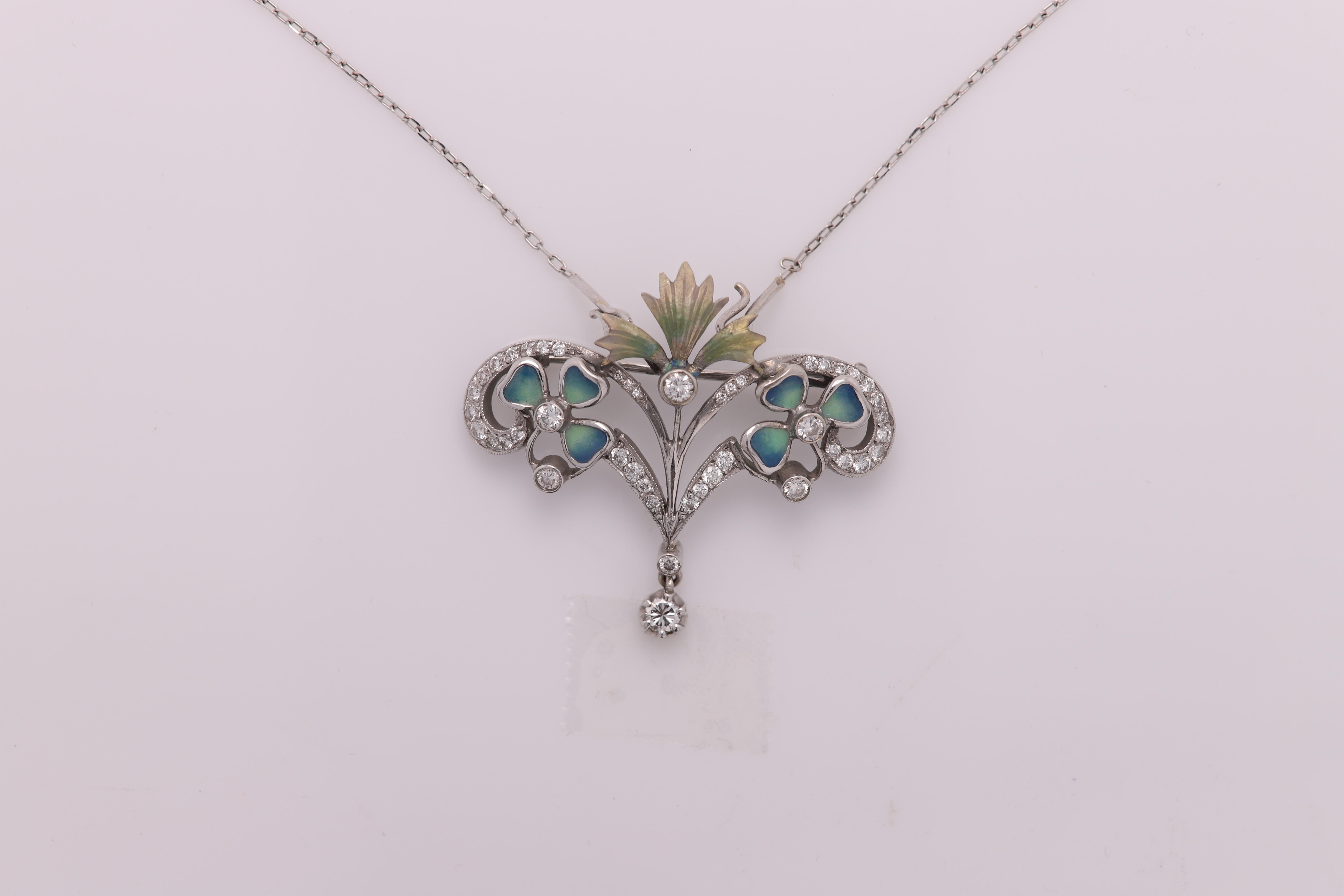 Round Cut Art Nouveau Enamel and Diamond Necklace Brooch 18 Karat Gold Flower Style  For Sale