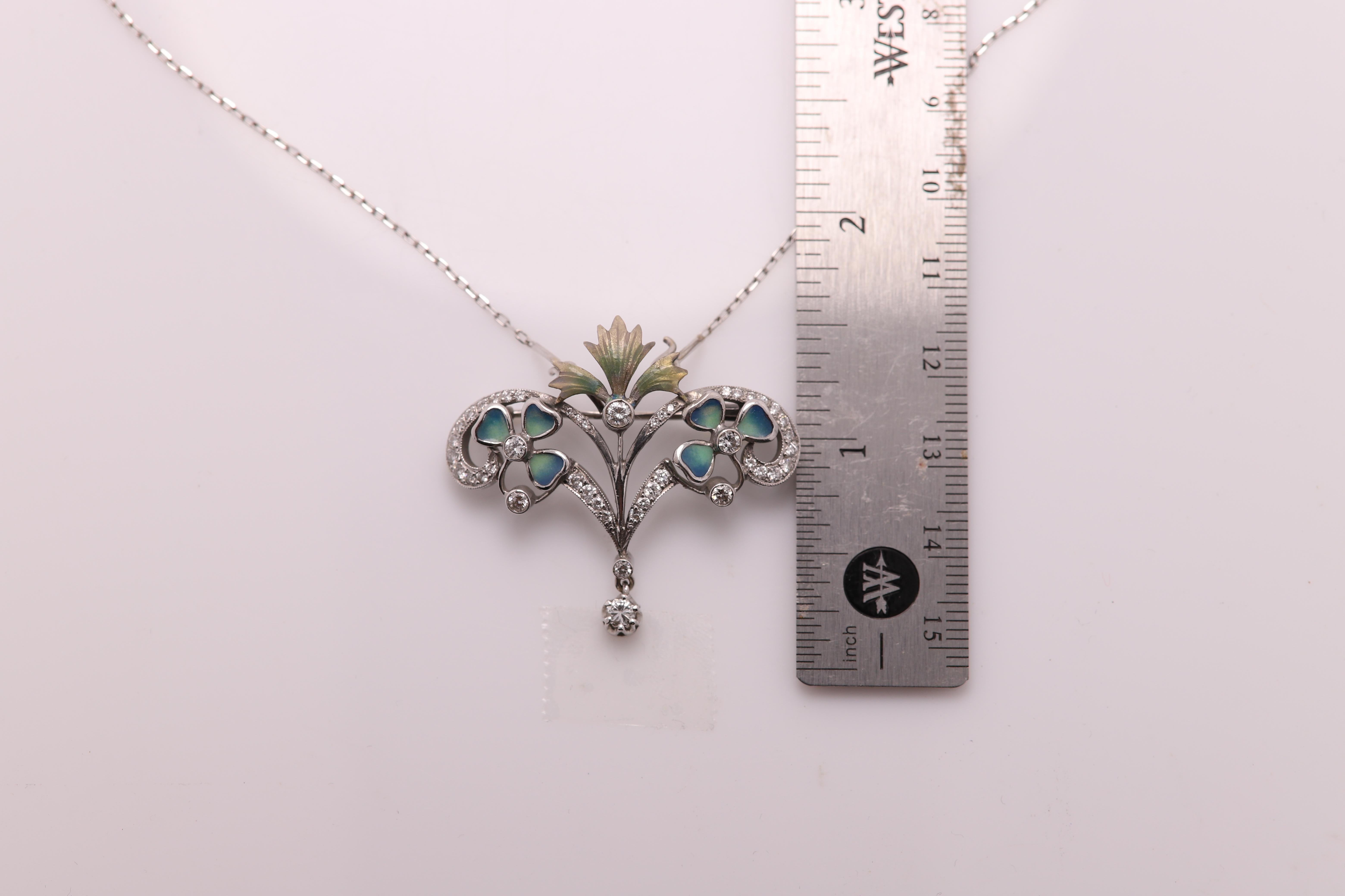 Art Nouveau Enamel and Diamond Necklace Brooch 18 Karat Gold Flower Style  In New Condition For Sale In Brooklyn, NY