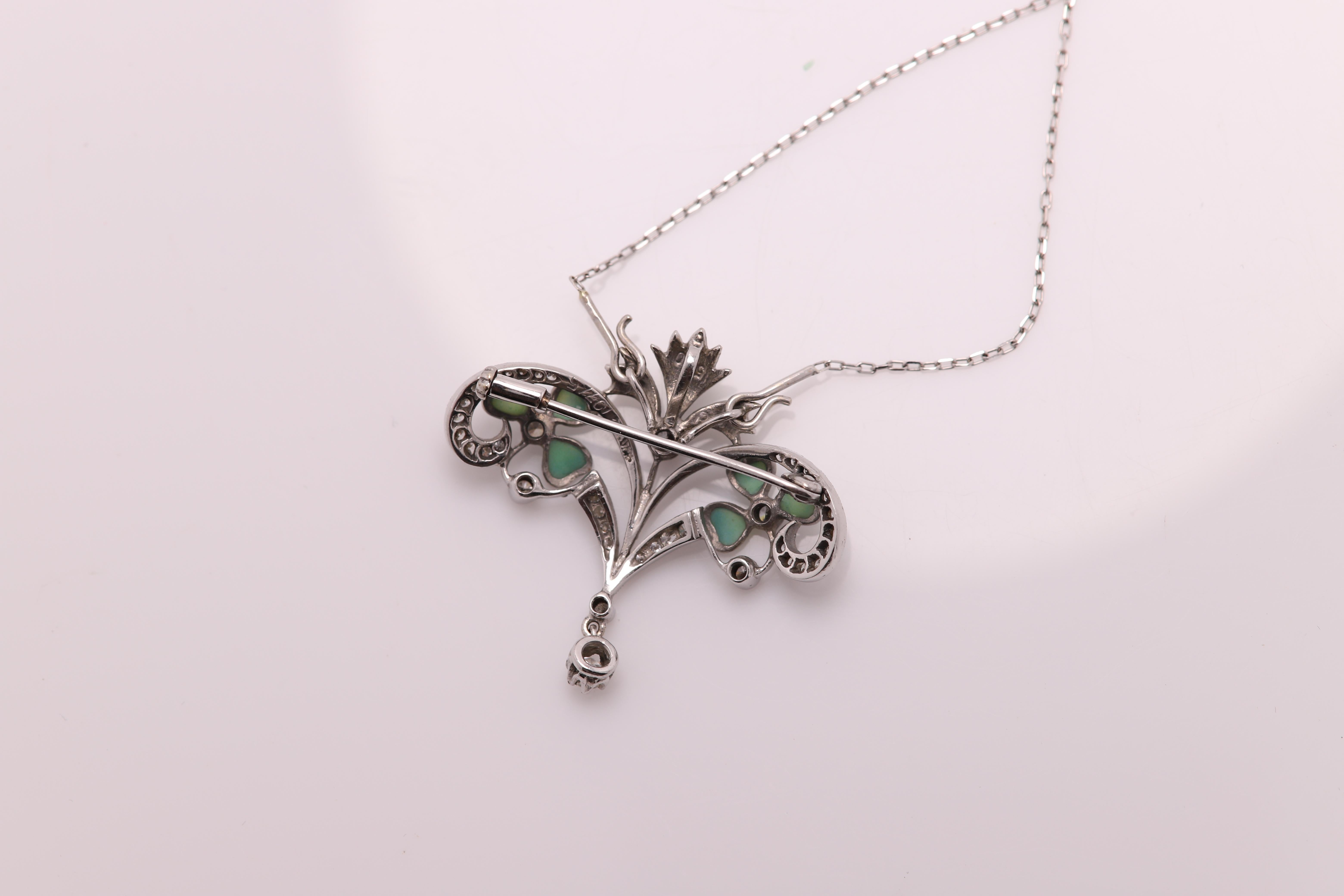 Women's Art Nouveau Enamel and Diamond Necklace Brooch 18 Karat Gold Flower Style  For Sale