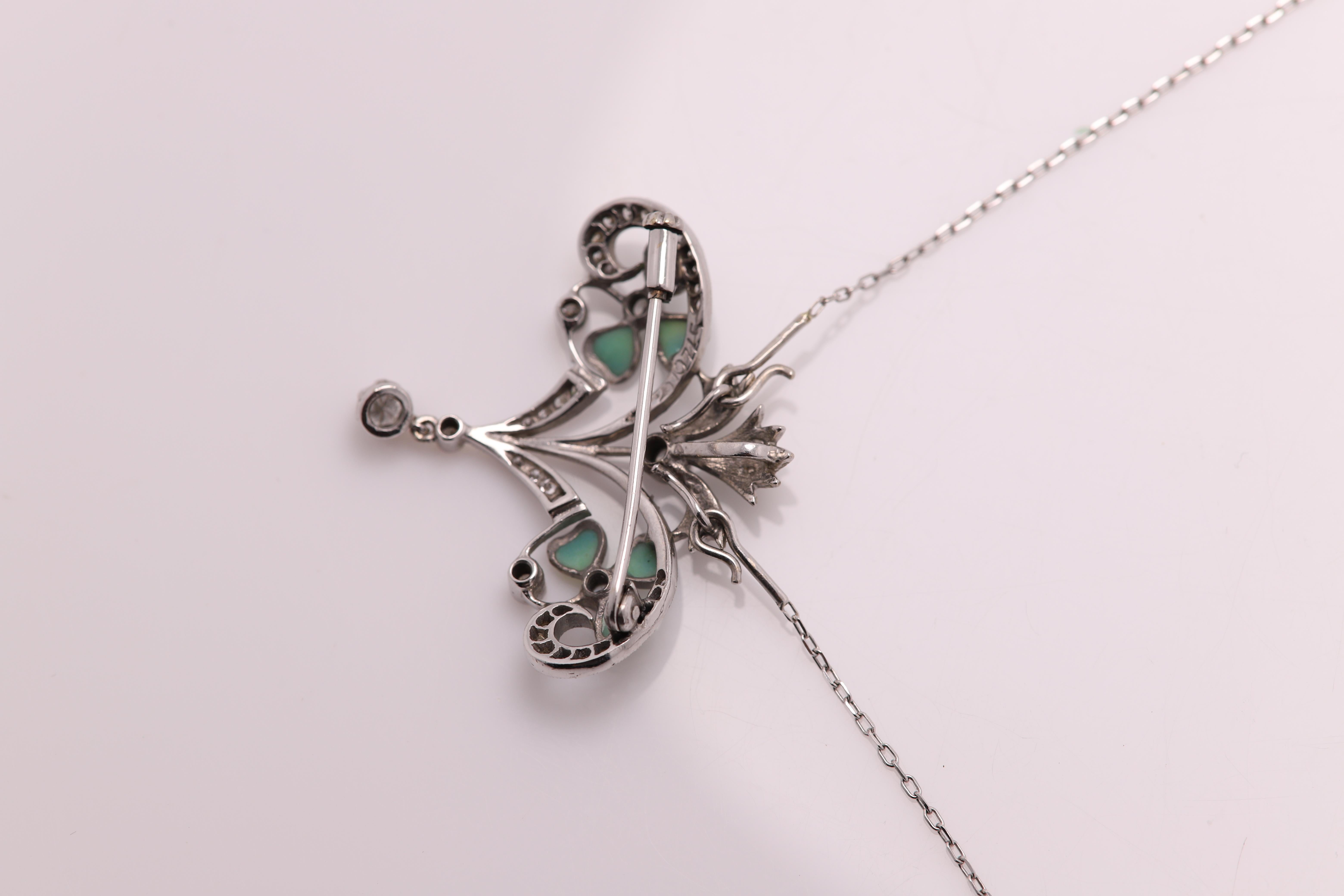Art Nouveau Enamel and Diamond Necklace Brooch 18 Karat Gold Flower Style  For Sale 1