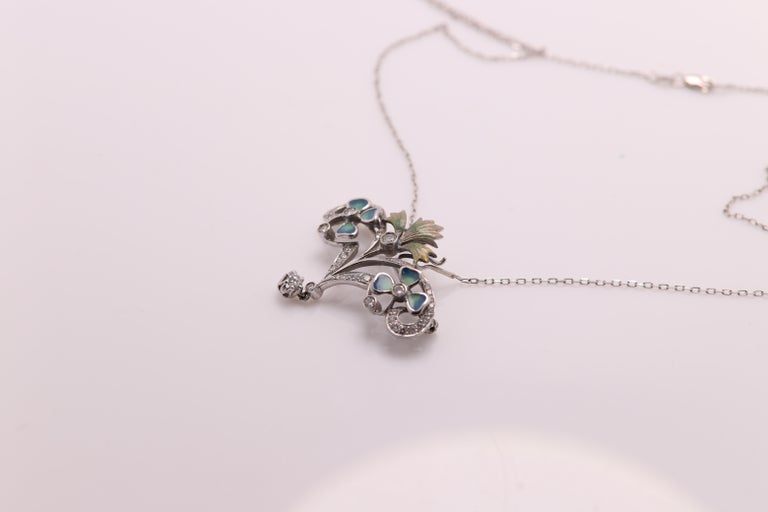 Art Nouveau Enamel and Diamond Necklace Brooch 18 Karat Gold Flower ...
