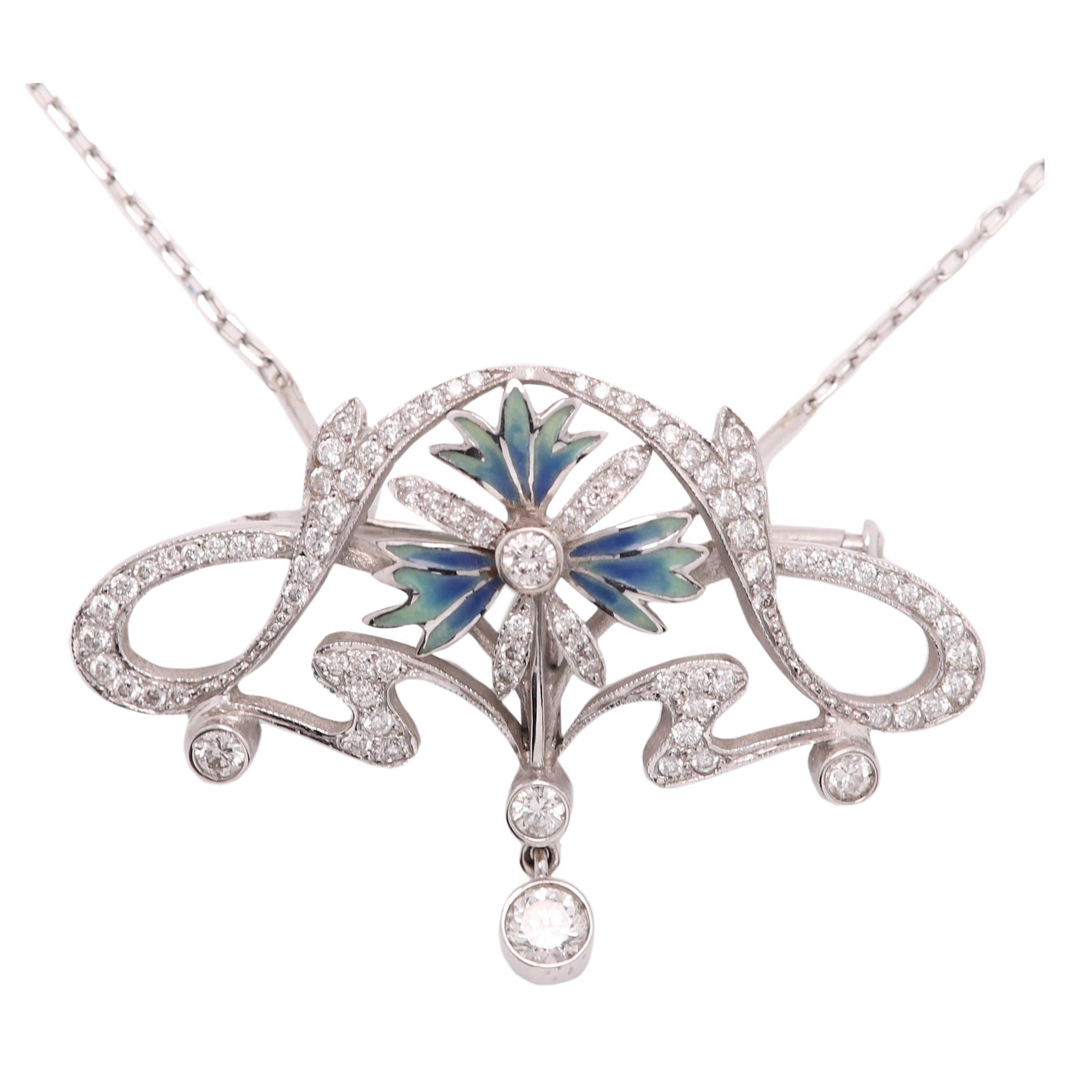 Broche pendentif en forme de fleur en or 18 carats, émail et diamants, style nouveau en vente