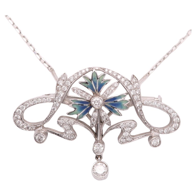 Nouveau Enamel and Diamond Pendant Brooch 18 Karat Gold Flower Style ...