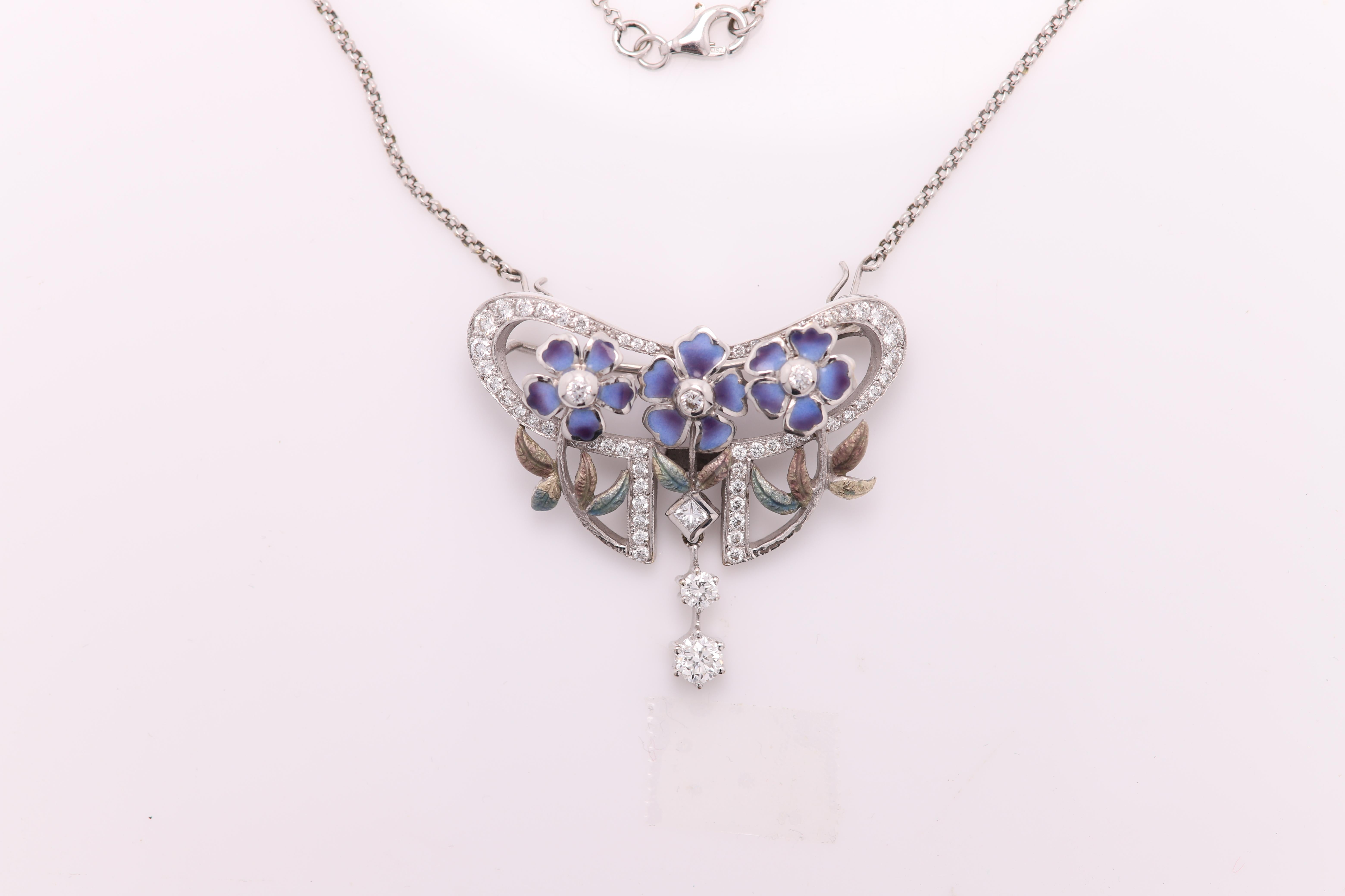 Nouveau Enamel and Diamond Necklace Brooch 18 Karat Gold Flower Style ...