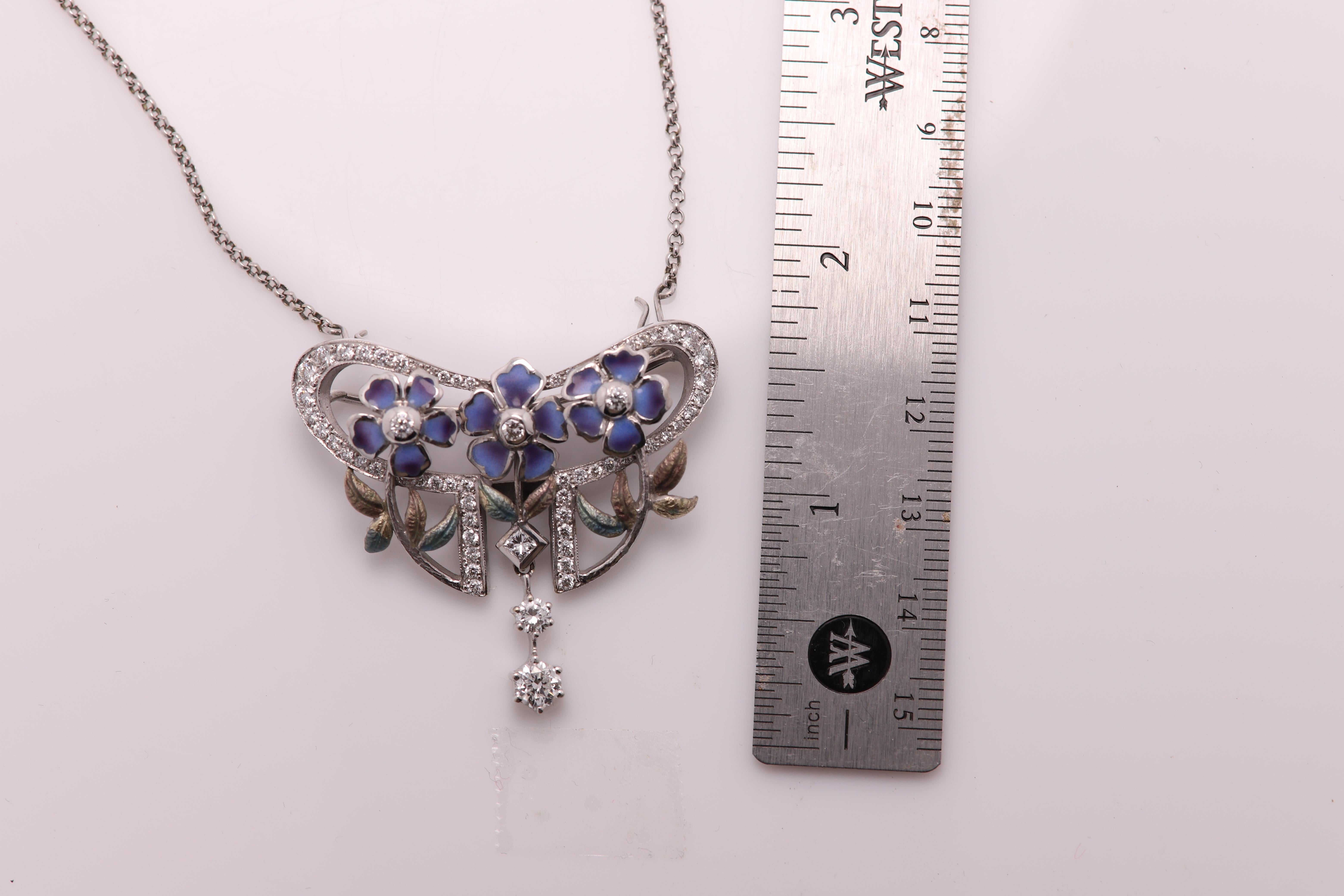 Art Nouveau Nouveau Enamel and Diamond Necklace Brooch 18 Karat Gold  Flower Style  For Sale