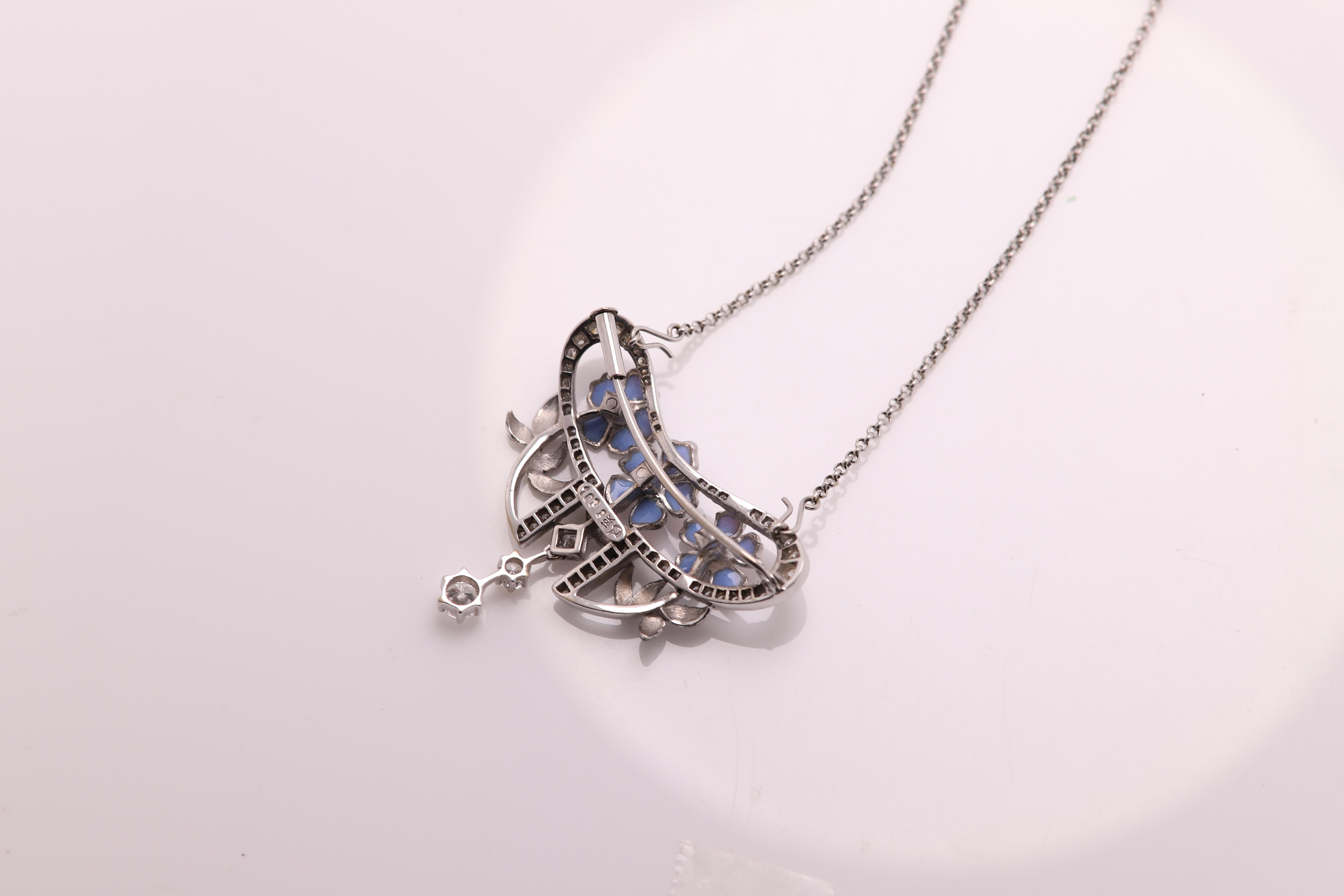 Nouveau Enamel and Diamond Necklace Brooch 18 Karat Gold Flower Style ...