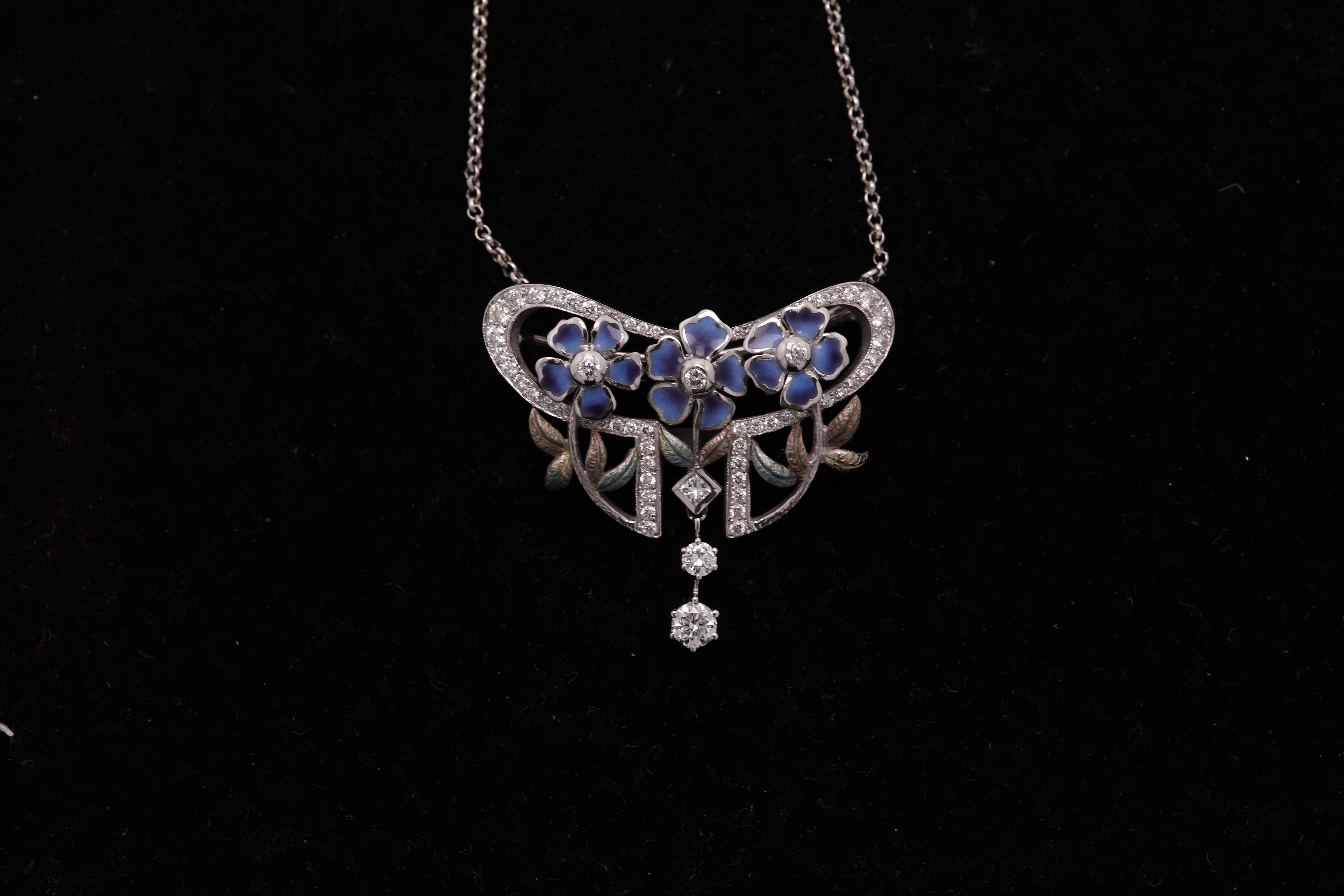 Nouveau Enamel and Diamond Necklace Brooch 18 Karat Gold Flower Style ...