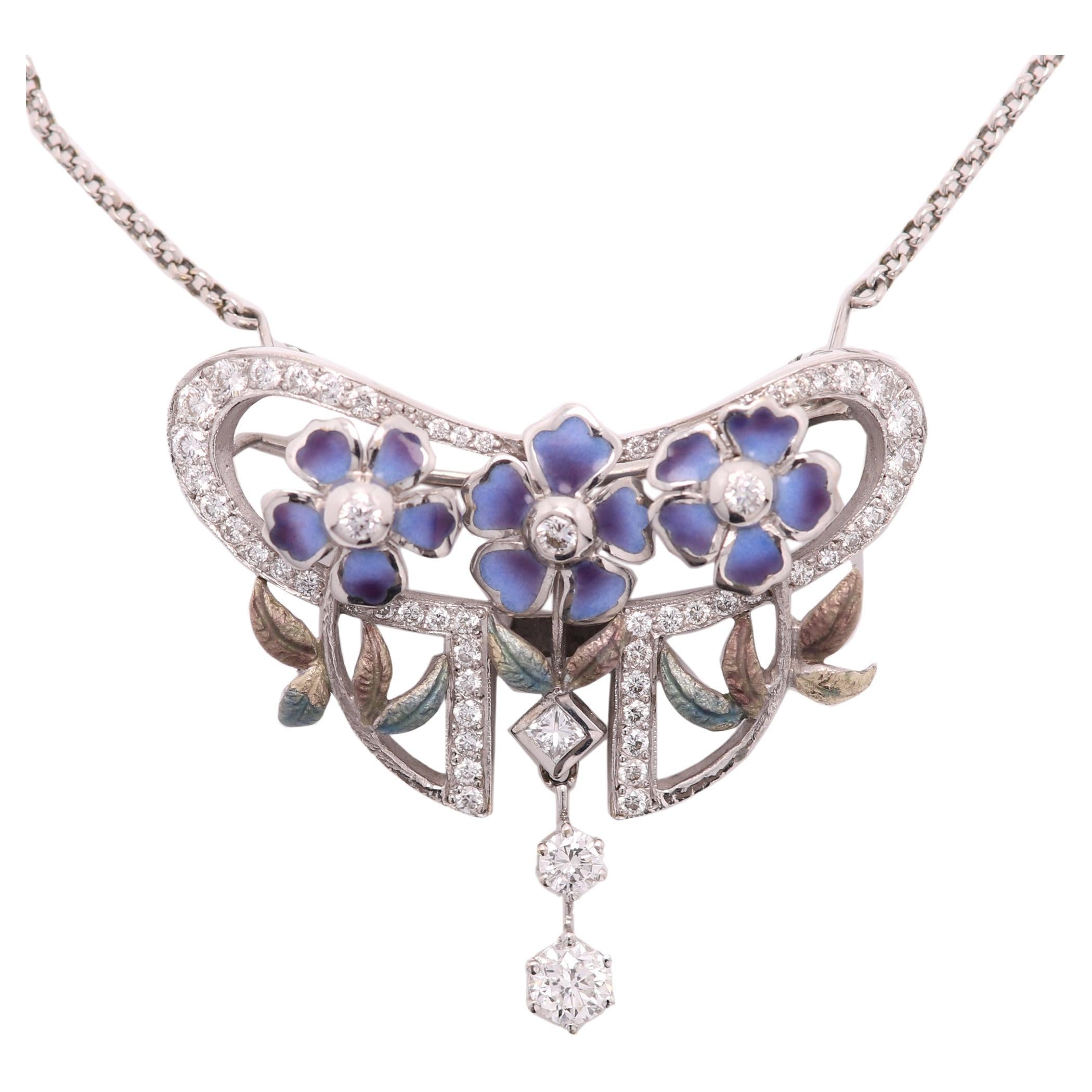 Collier broche en or 18 carats, émail et diamants, style nouveau  Style floral 
